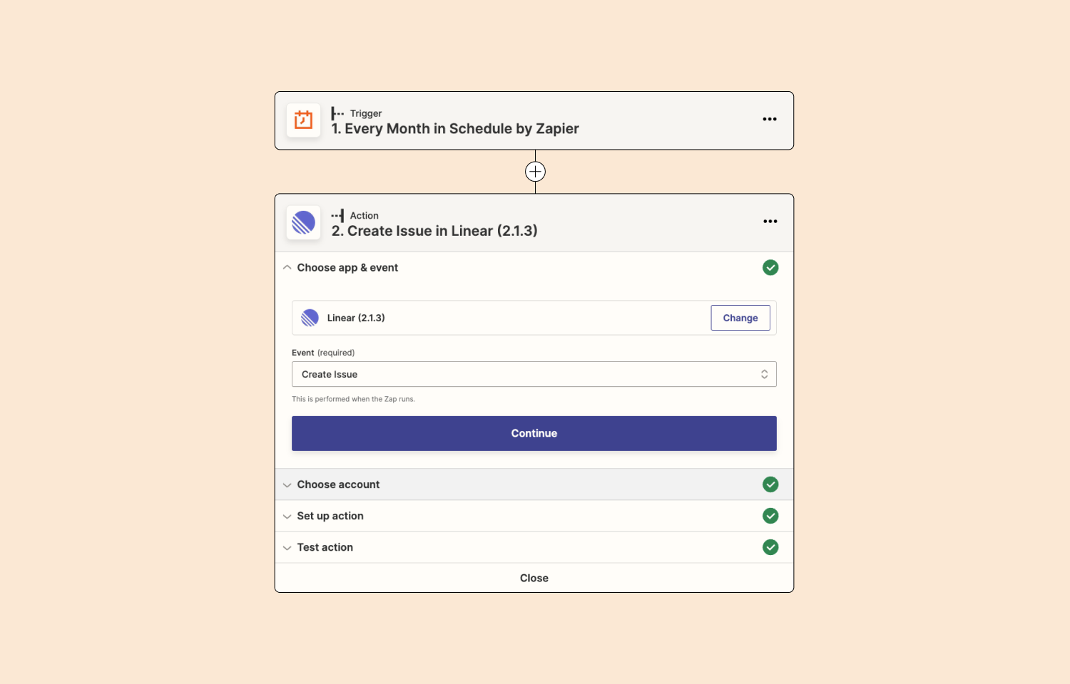 Connecting Zapier's "Every month in Schedule" trigger to create a Linear issue