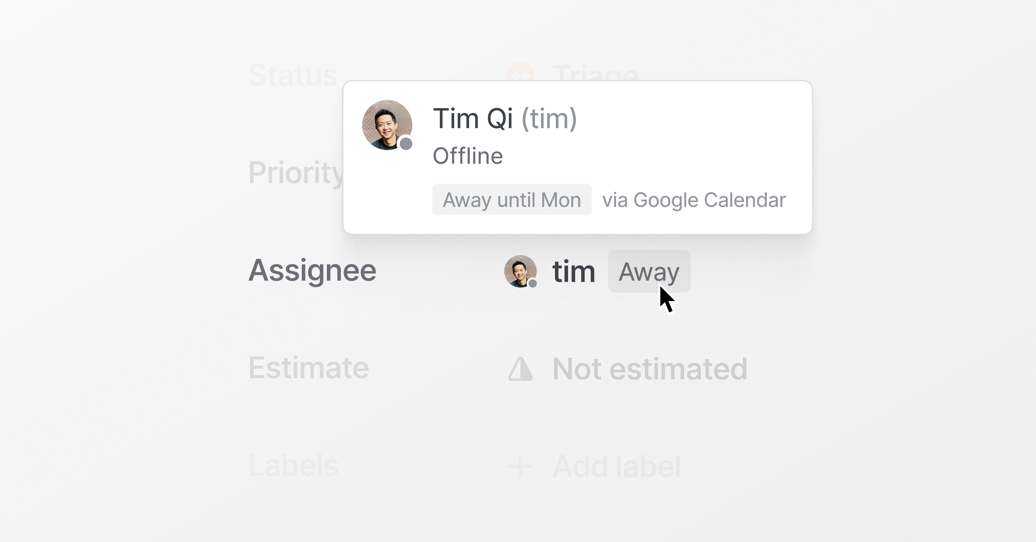 Issue sidebar showing the assignee Tim is away until Monday