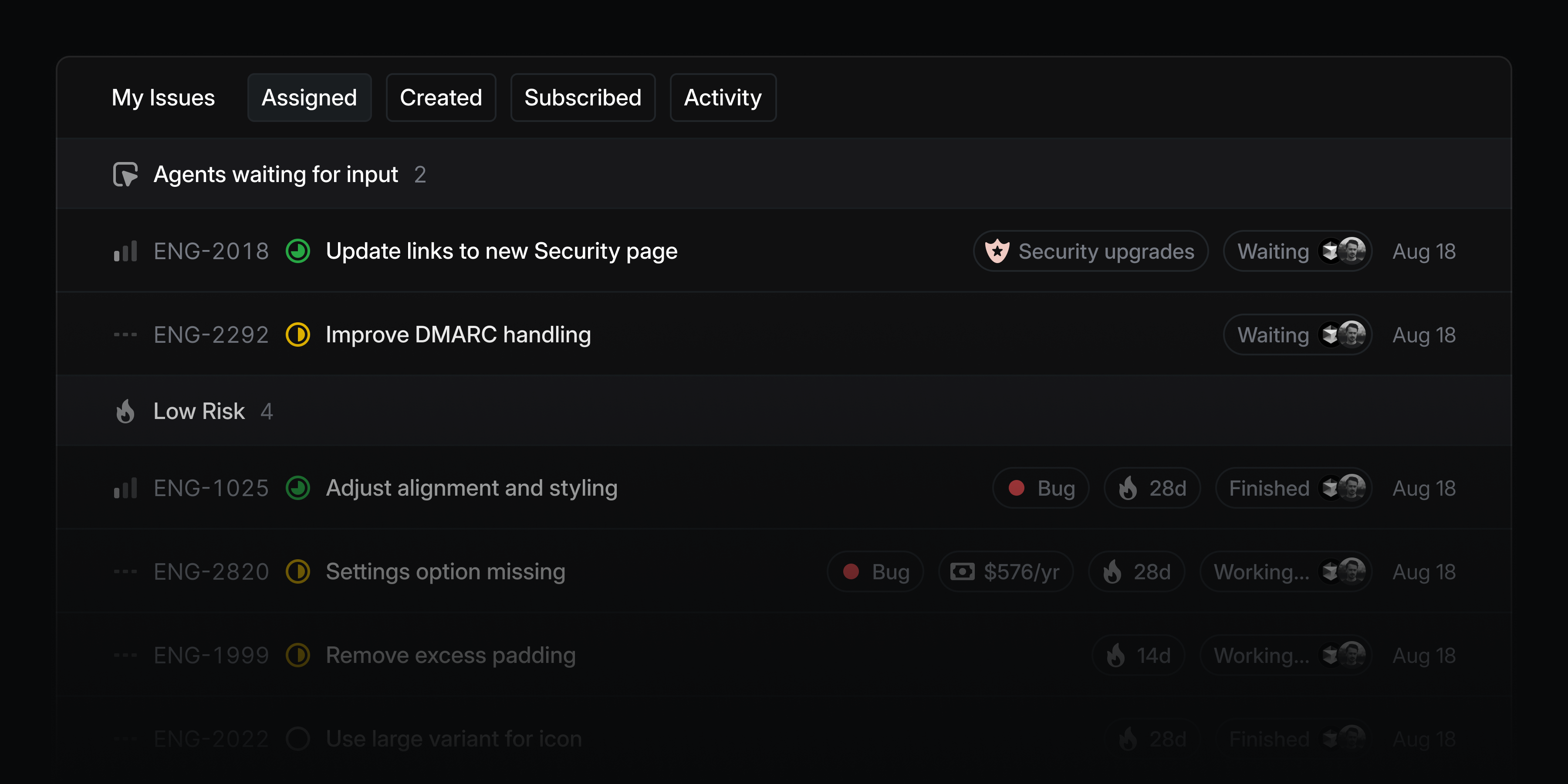 My Issues showing all issues delegated to the agent as well as statuses for if the agent is waiting on input, finished, or working on the issue
