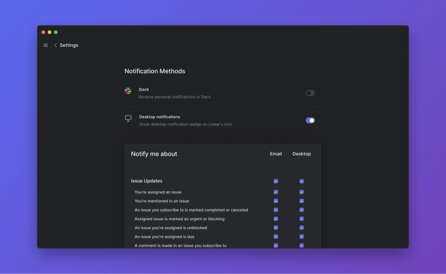 Linear app settings page showing notification settings