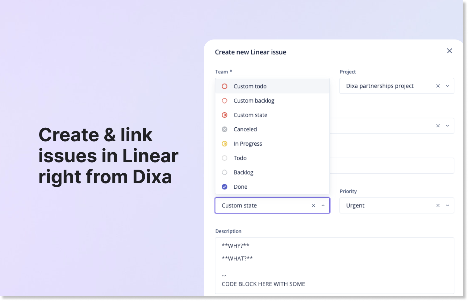 creating a Linear issue from the dixa interface