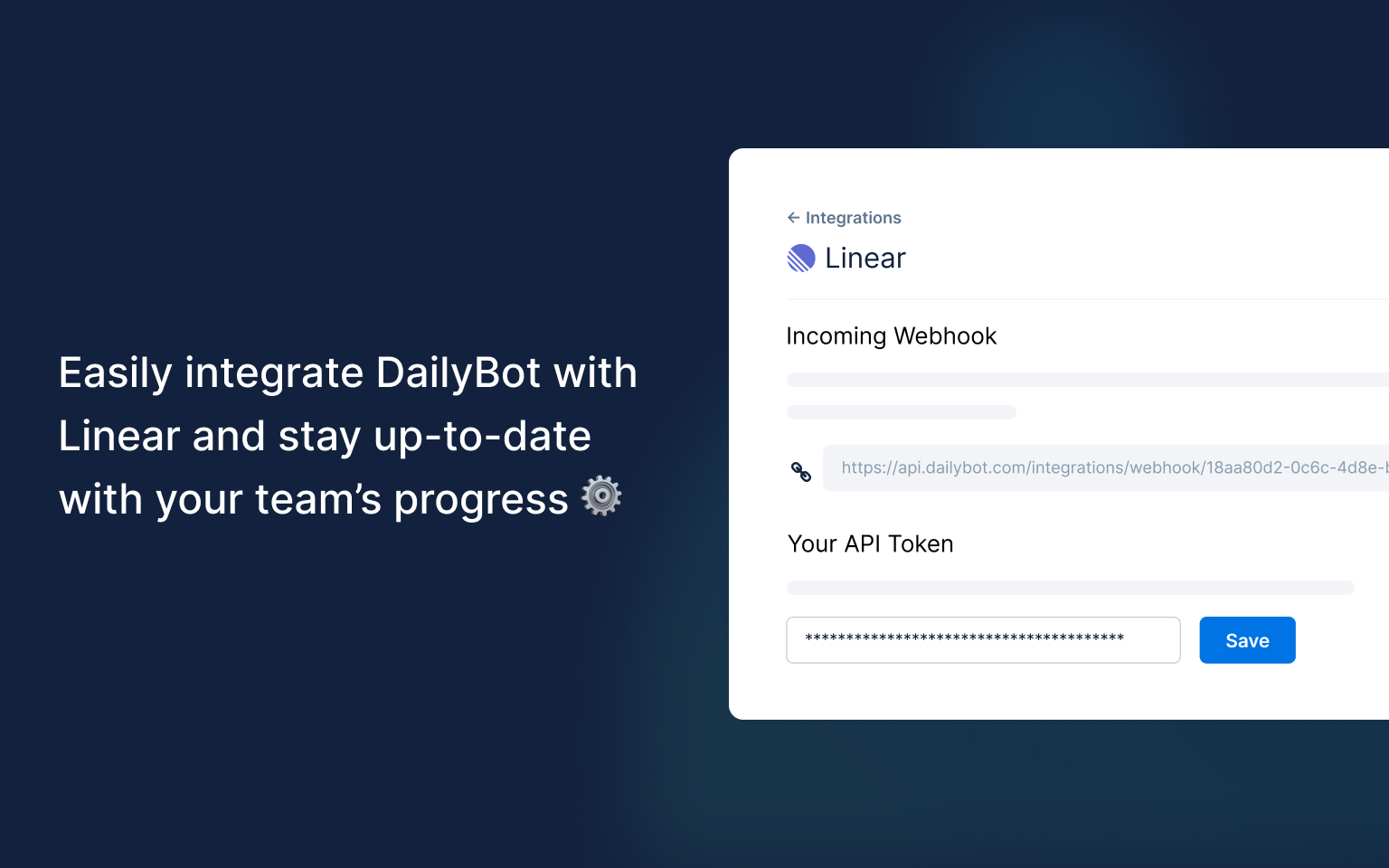 Dailybot configration page showing incoming webook and api token settings