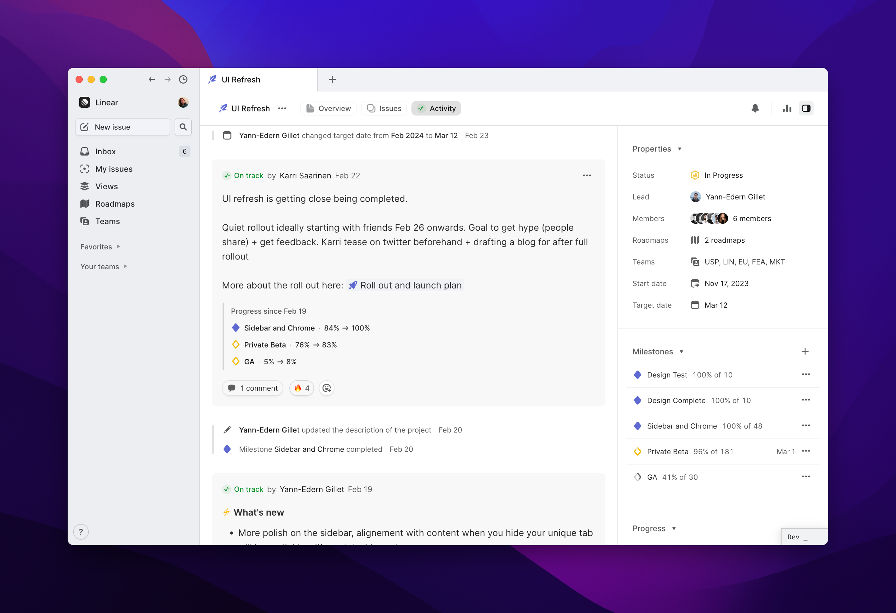 Activity page showing project updates and changes to the project