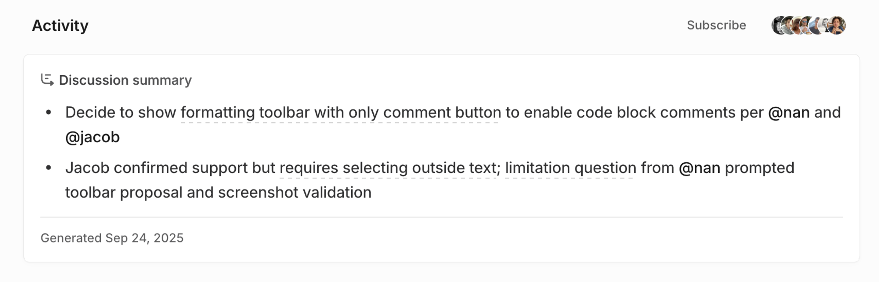 Issue activity view showing an AI-generated discussion summary and citations linking to source comments