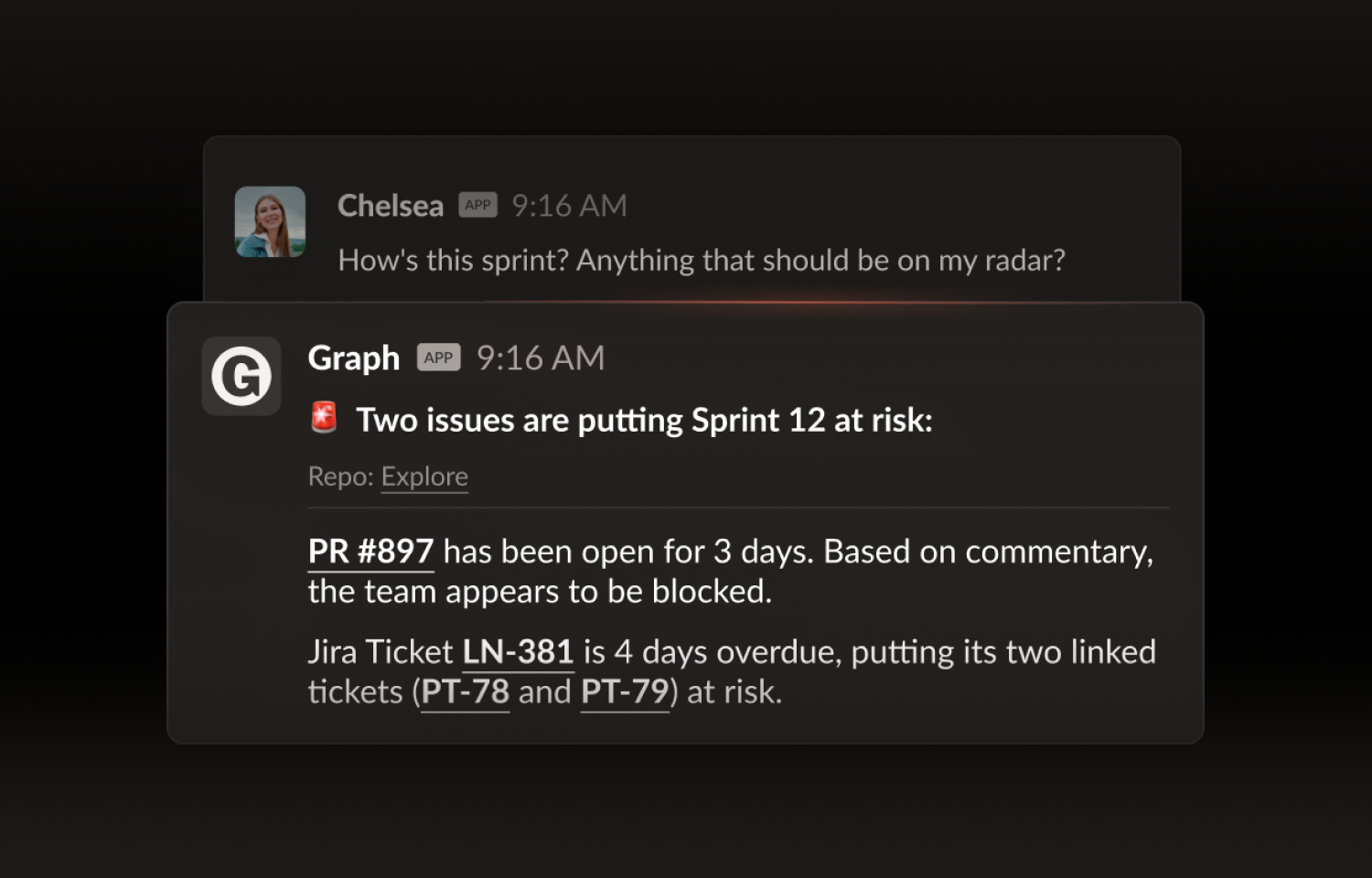 AI agent showing two items in a sprint that are at risk
