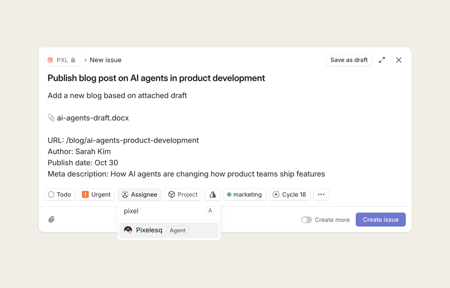 Delegate marketing tasks to Pixelesq agent with context from attachments