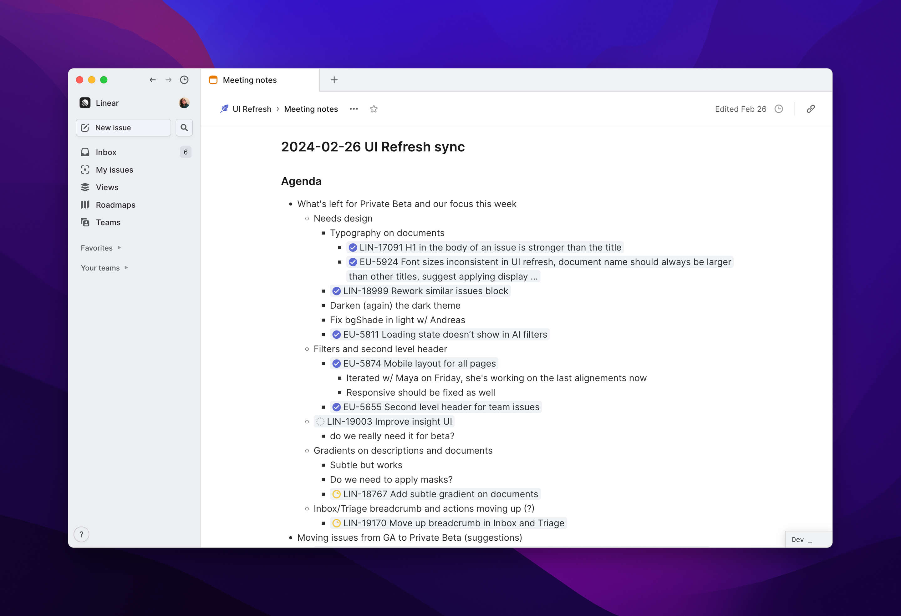 A project document showing bullet text that has been turned into Linear issues