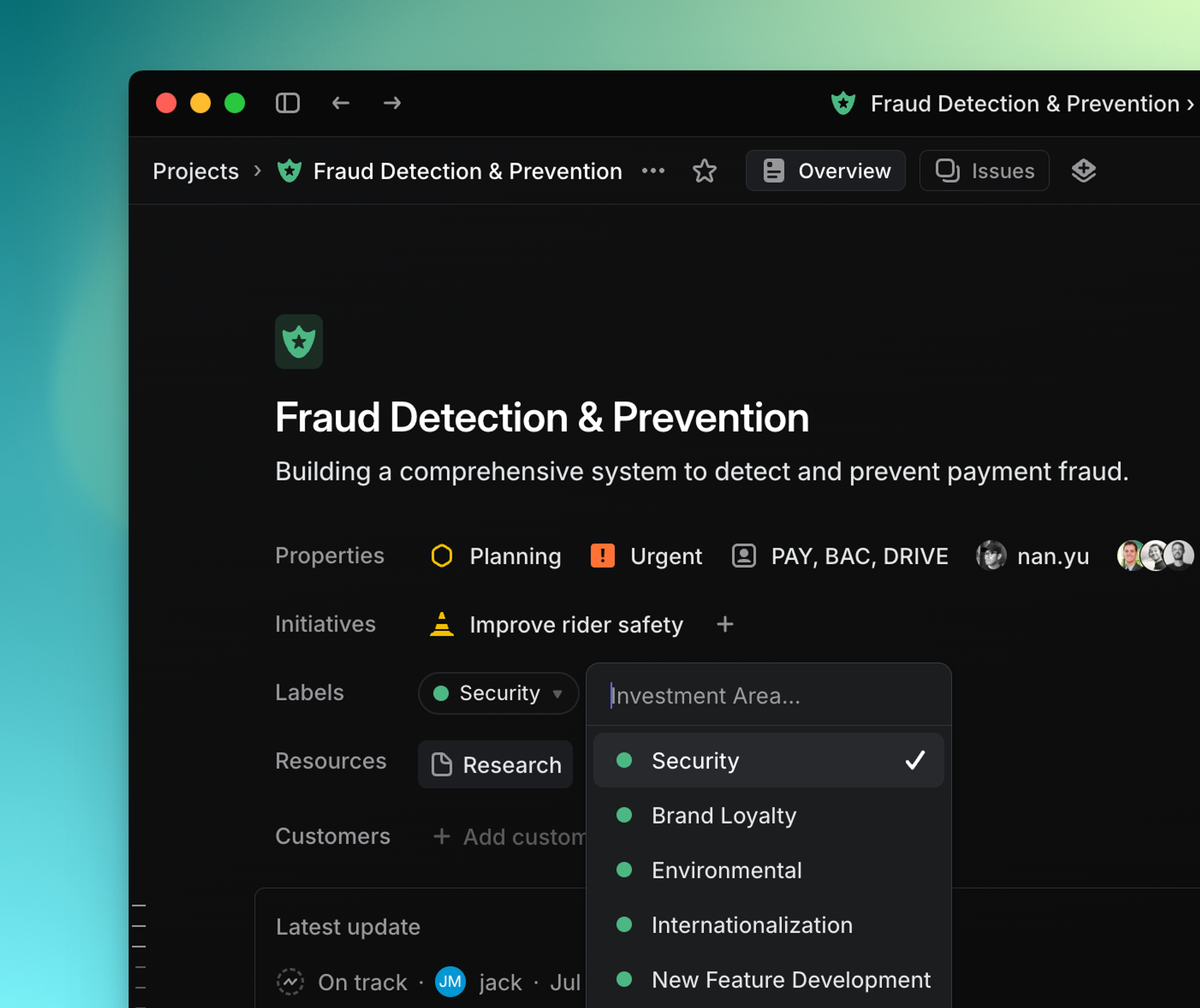 Project label picker in a group