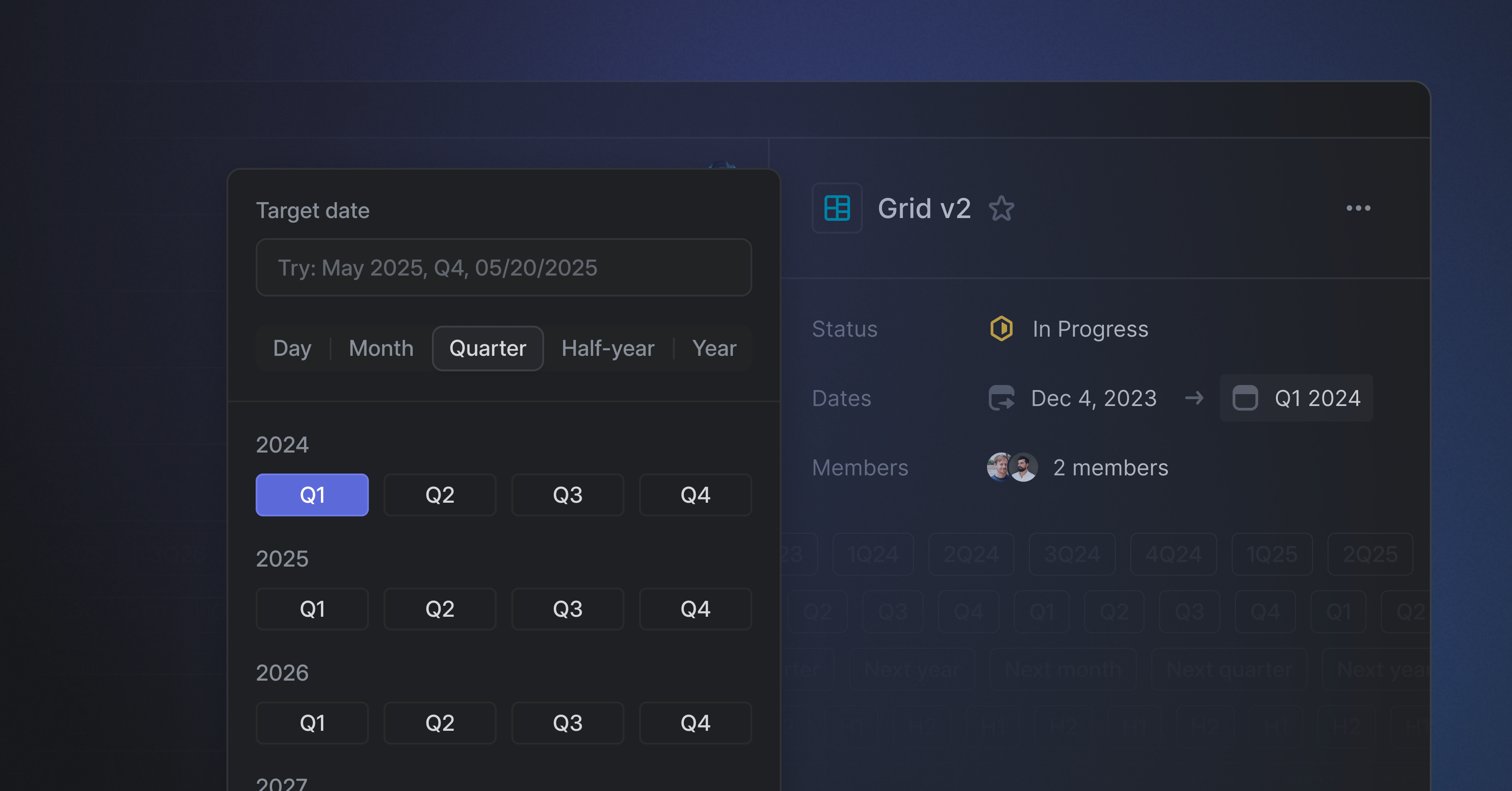 Target date shown as Q1 with options to set it for a specific day or broader resolutions such as month, quarter, half-year, or year
