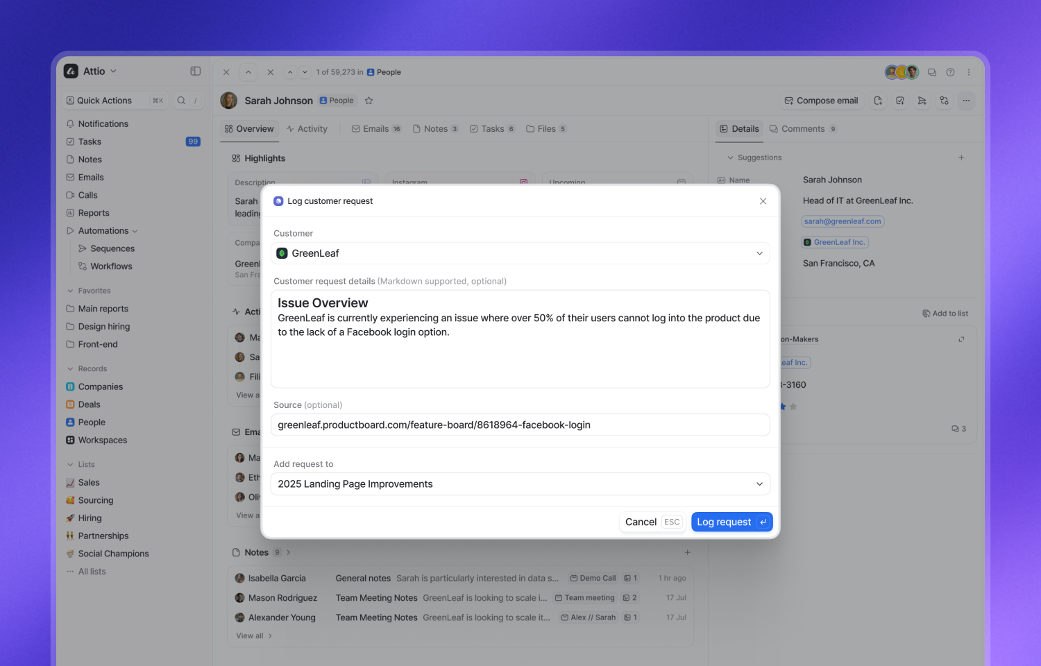 modal to log a request in Linear from Attio