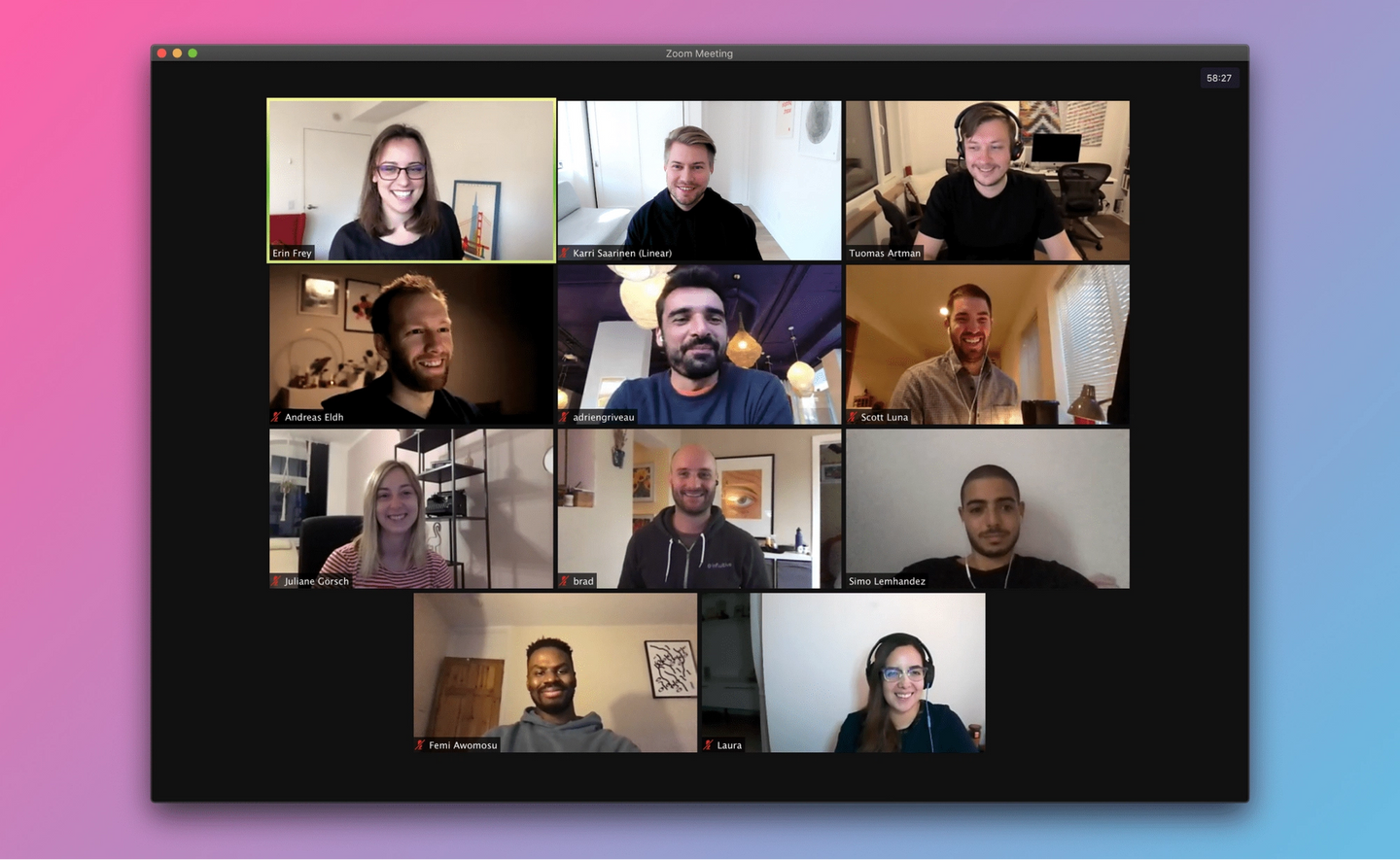 A zoom call in Grid view featuring some Linear team members