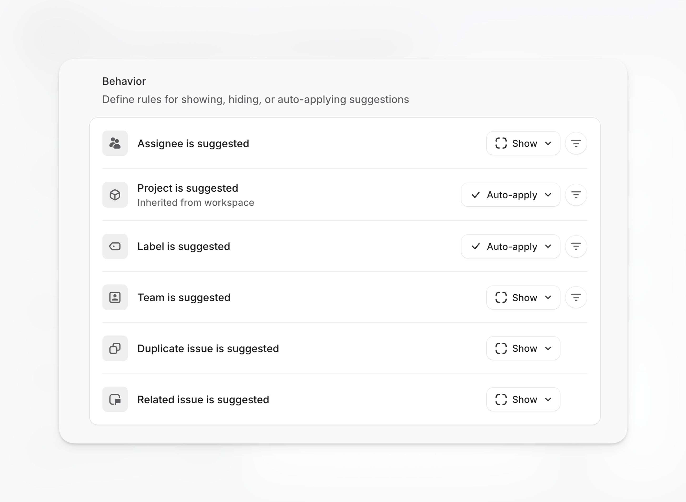 Image displays show, auto-apply, and hide options in team settings for product intelligence