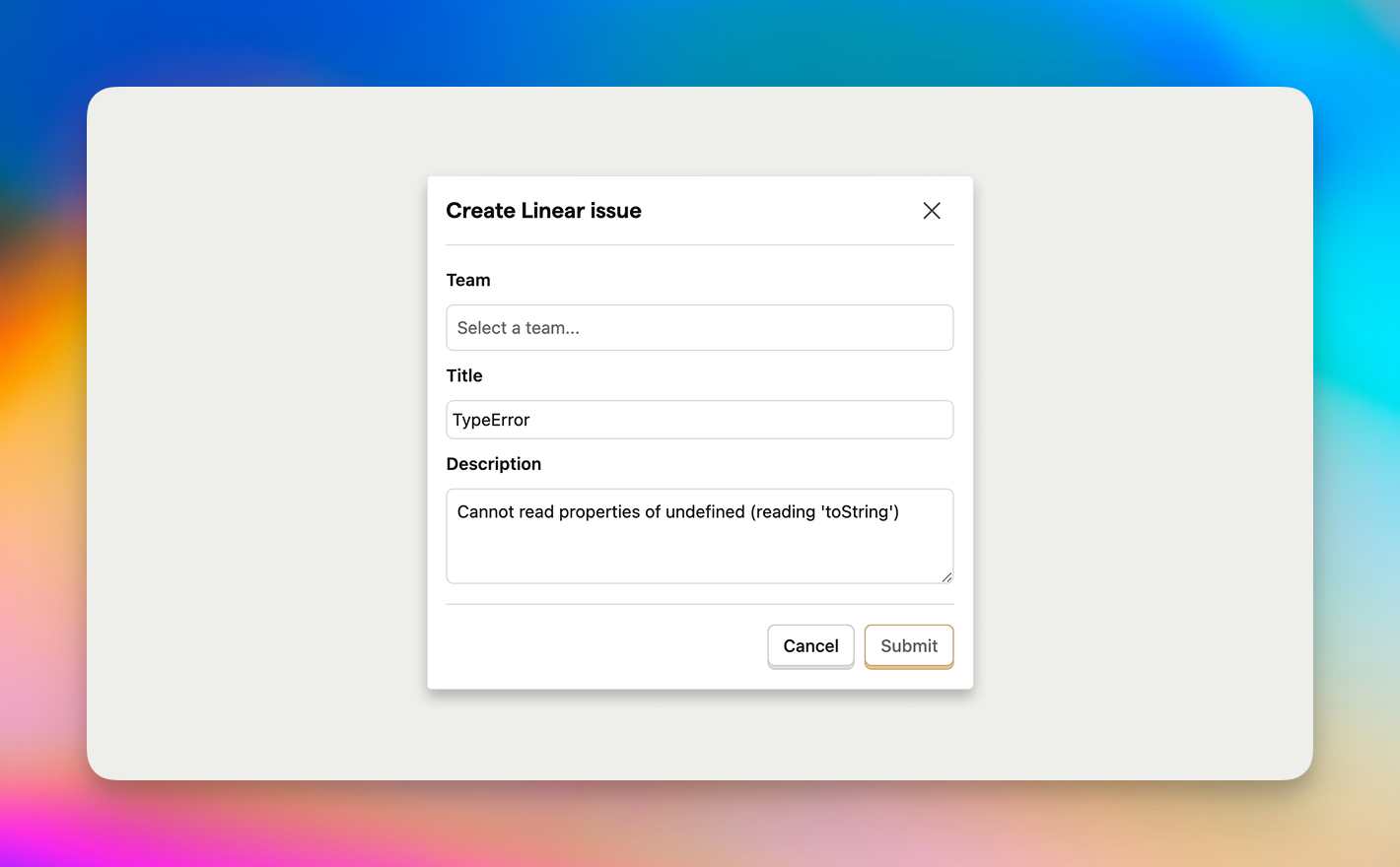 Modal for creating a Linear issue with fields for team, title ("TypeError"), and description