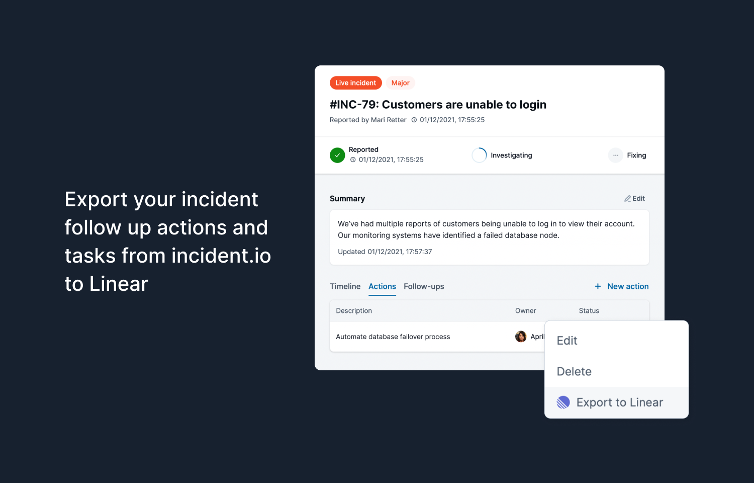 Export your incident follow up actions and tasks from incident.io to Linear