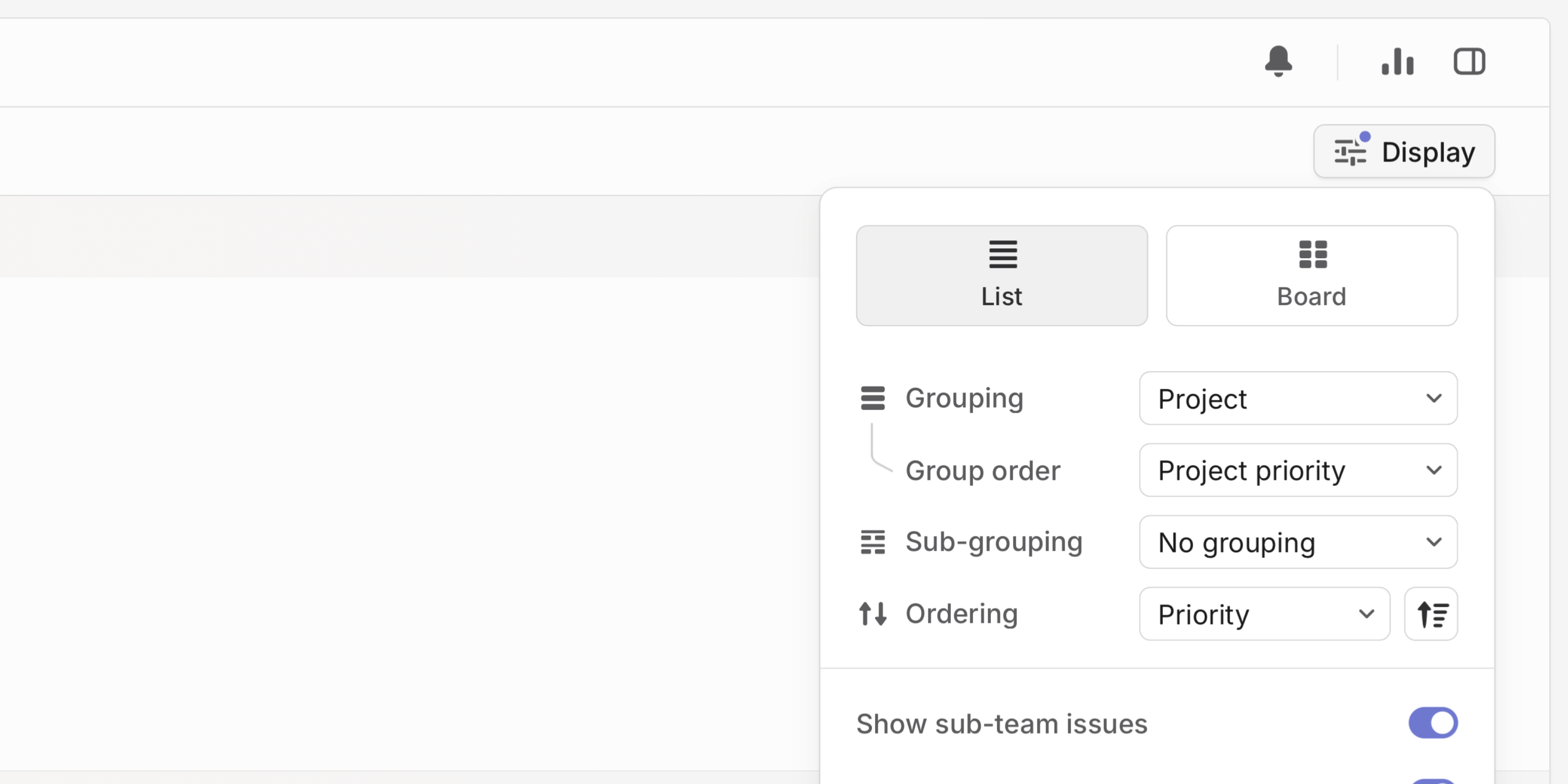 Display options modal showing the ability to set the group order when a list or board is grouped by project