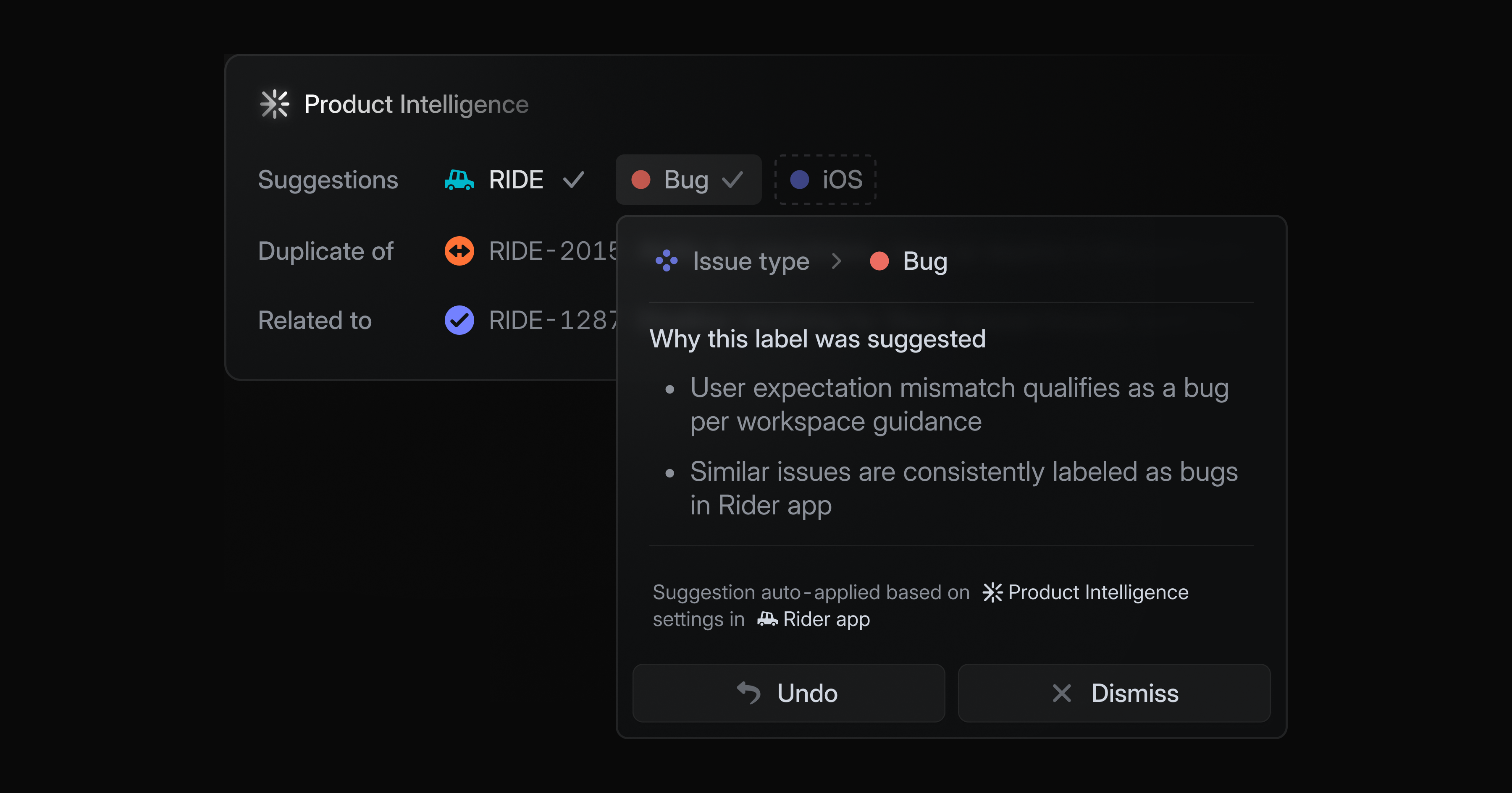 Linear product intelligence interface showing that the bug label was auto-applied and showing reasoning (it was suggested because it matched similar issues that are labeled as bugs). The team was also auto-applied (Rider app team) but the iOS label was only suggested, since the settings are limited to only auto-applying the bug label.
