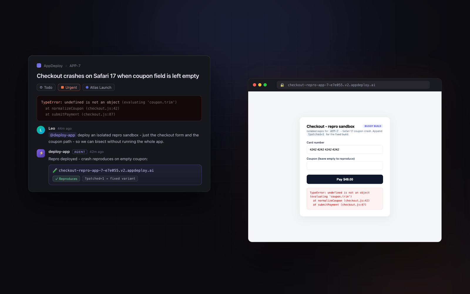 Bug gets a live, isolated repro — deployed from the ticket, linked in the thread