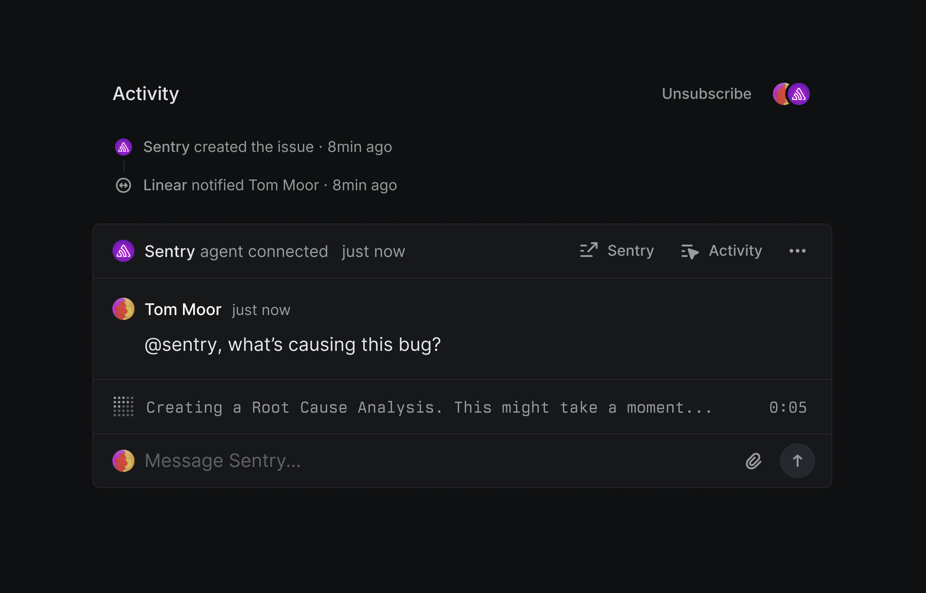 Sentry agent connects to the issue and responds in real time