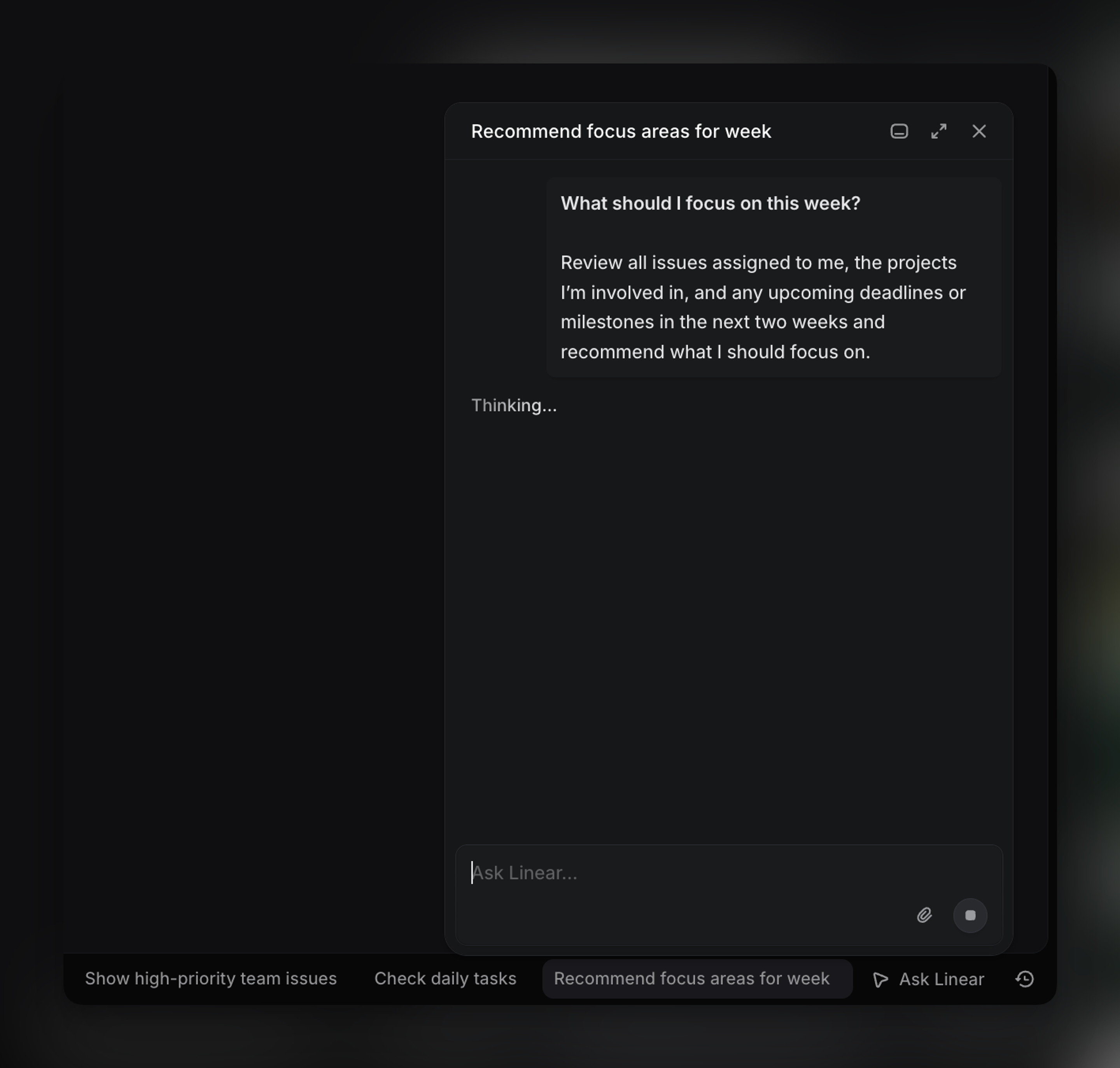 Linear supports multiple open chats at once. In the toolbar, each open chat appears as a tab so you can switch between topics without losing context.