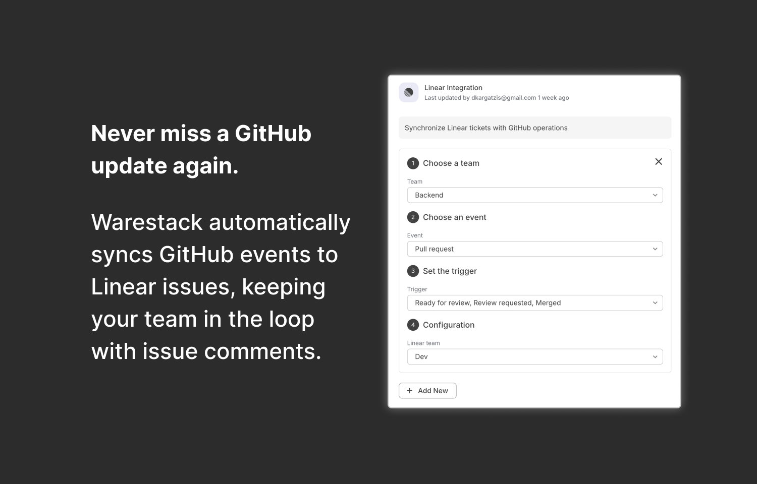 Warestack integration for Linear showing various triggers 