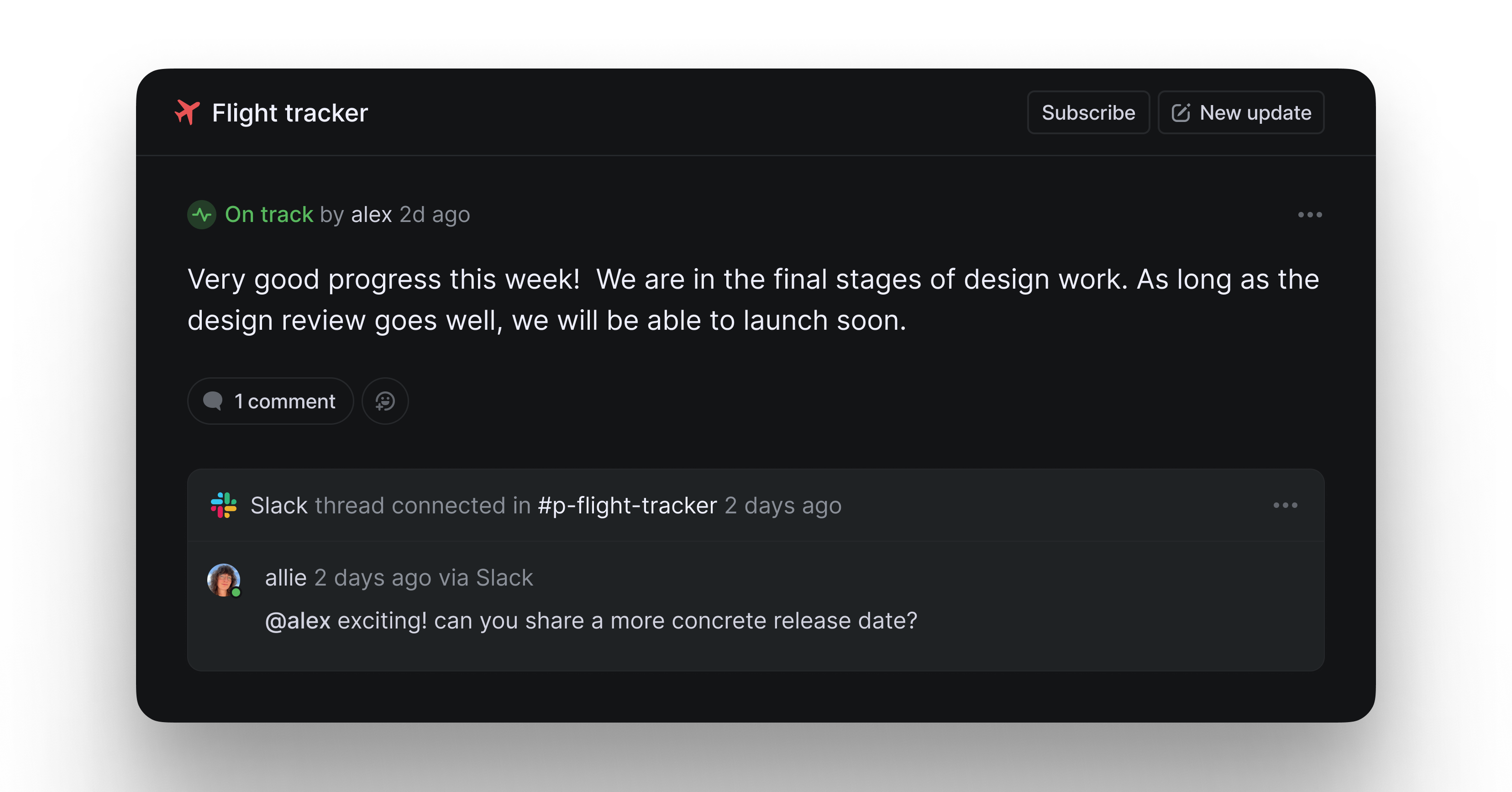 A project update in Linear showing a comment posted from Slack