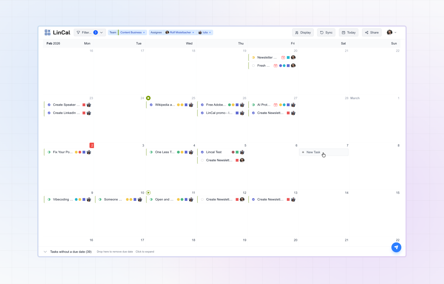 Monthly calendar view shows Linear issues on their due dates in lincal