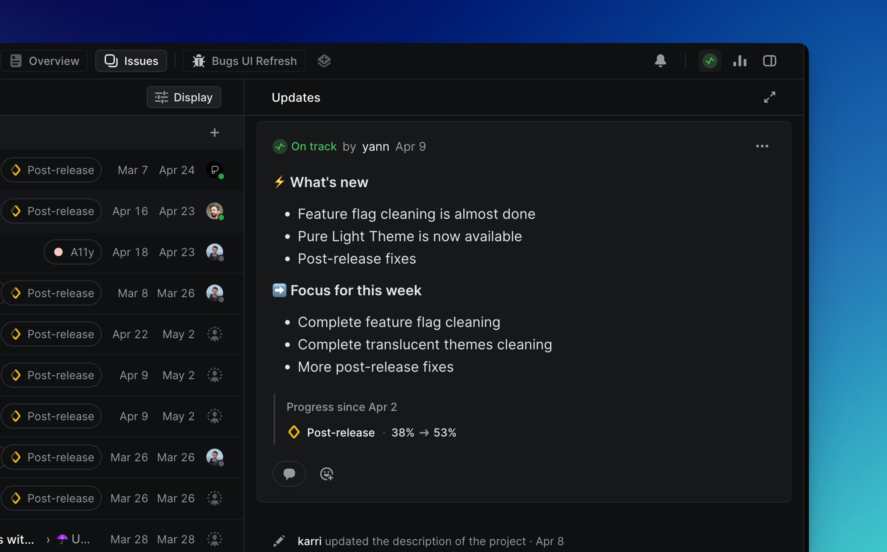 Project updates view in Linear