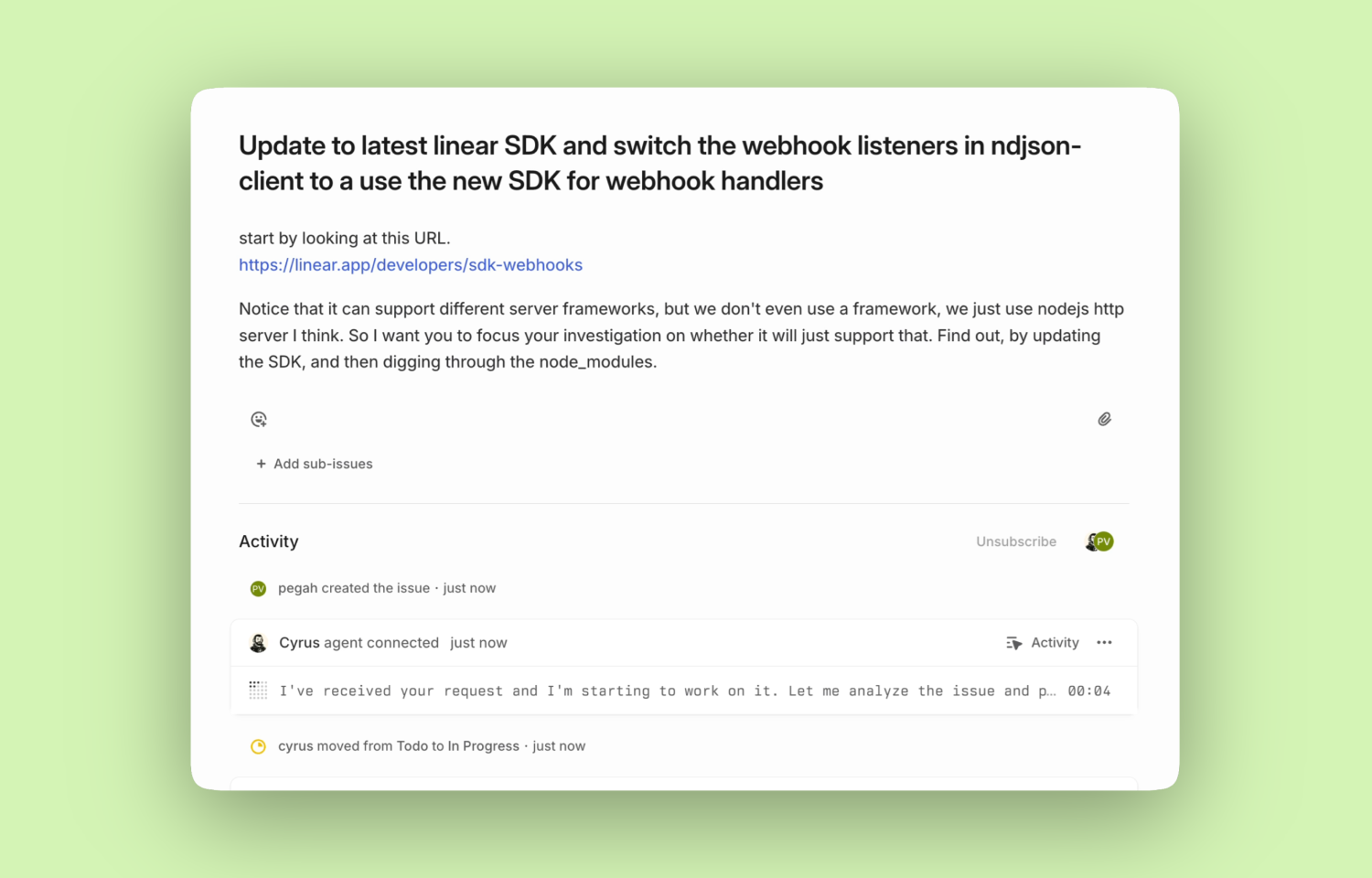 Cyrus working on a Linear issue