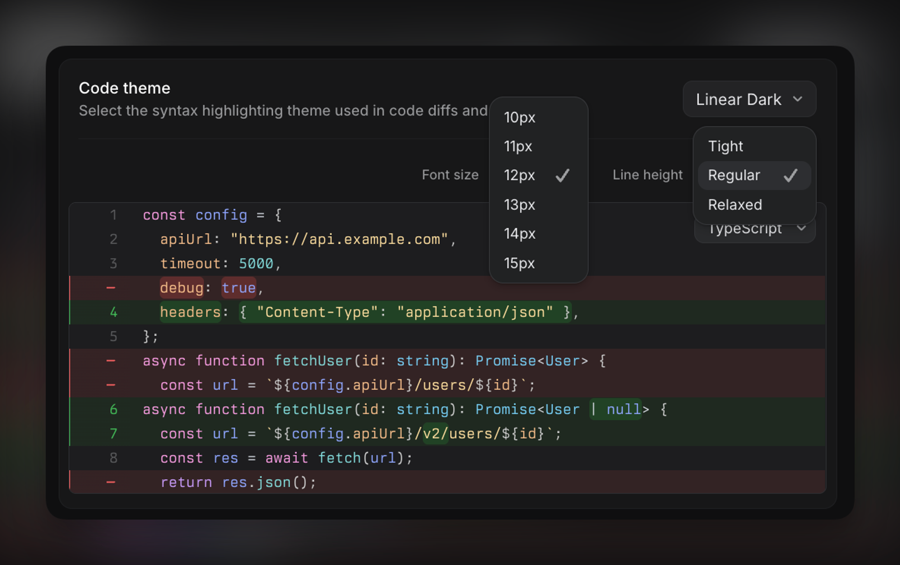 Code theme settings