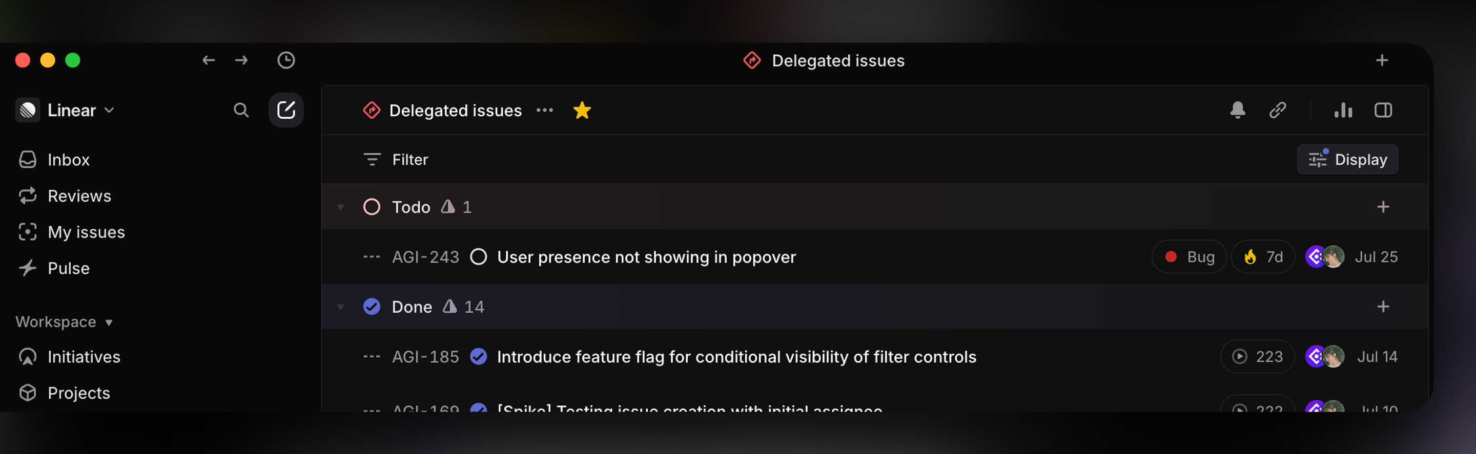 Linear custom view titled 'Delegated issues' showing a filtered list of issues. Each issue displays both the assigned teammate and the delegated agent as separate avatars.