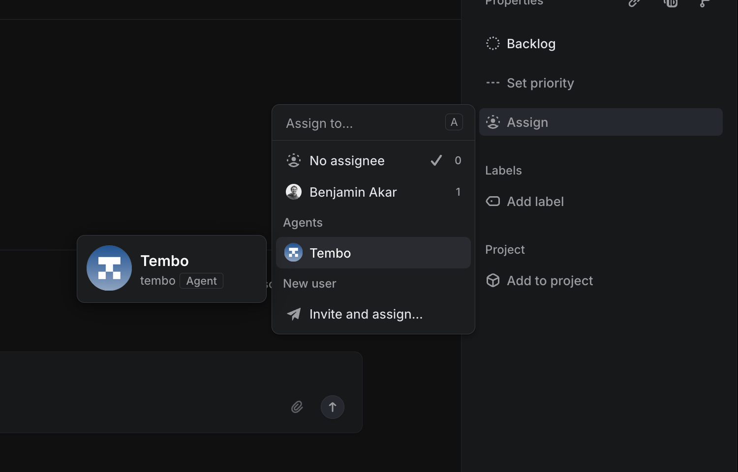 Selecting the Tembo agent in the assignee field in Linear