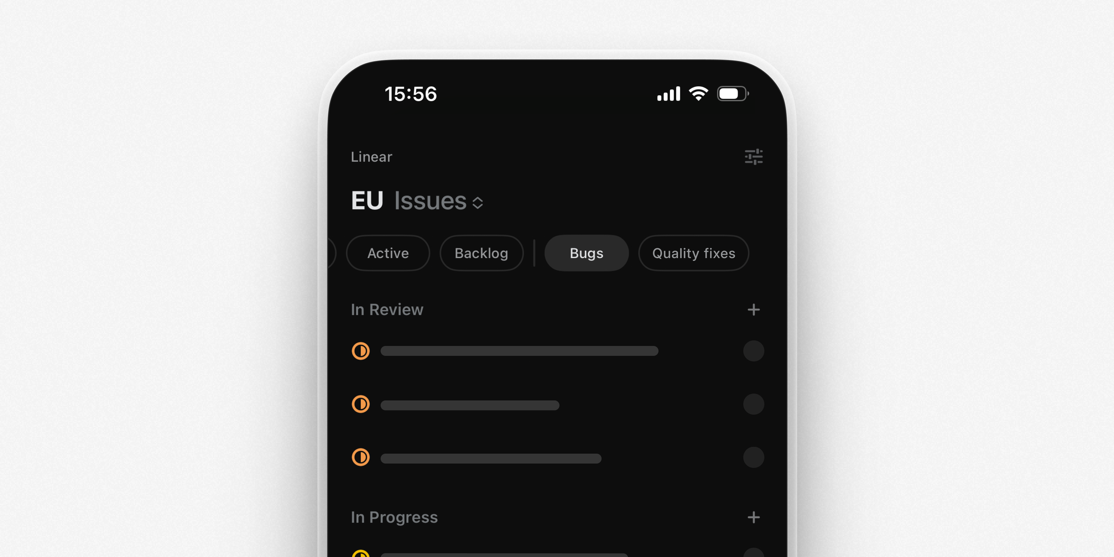 A team issues view on mobile showing custom views for Bugs and Quality fixes that have been attached to the team