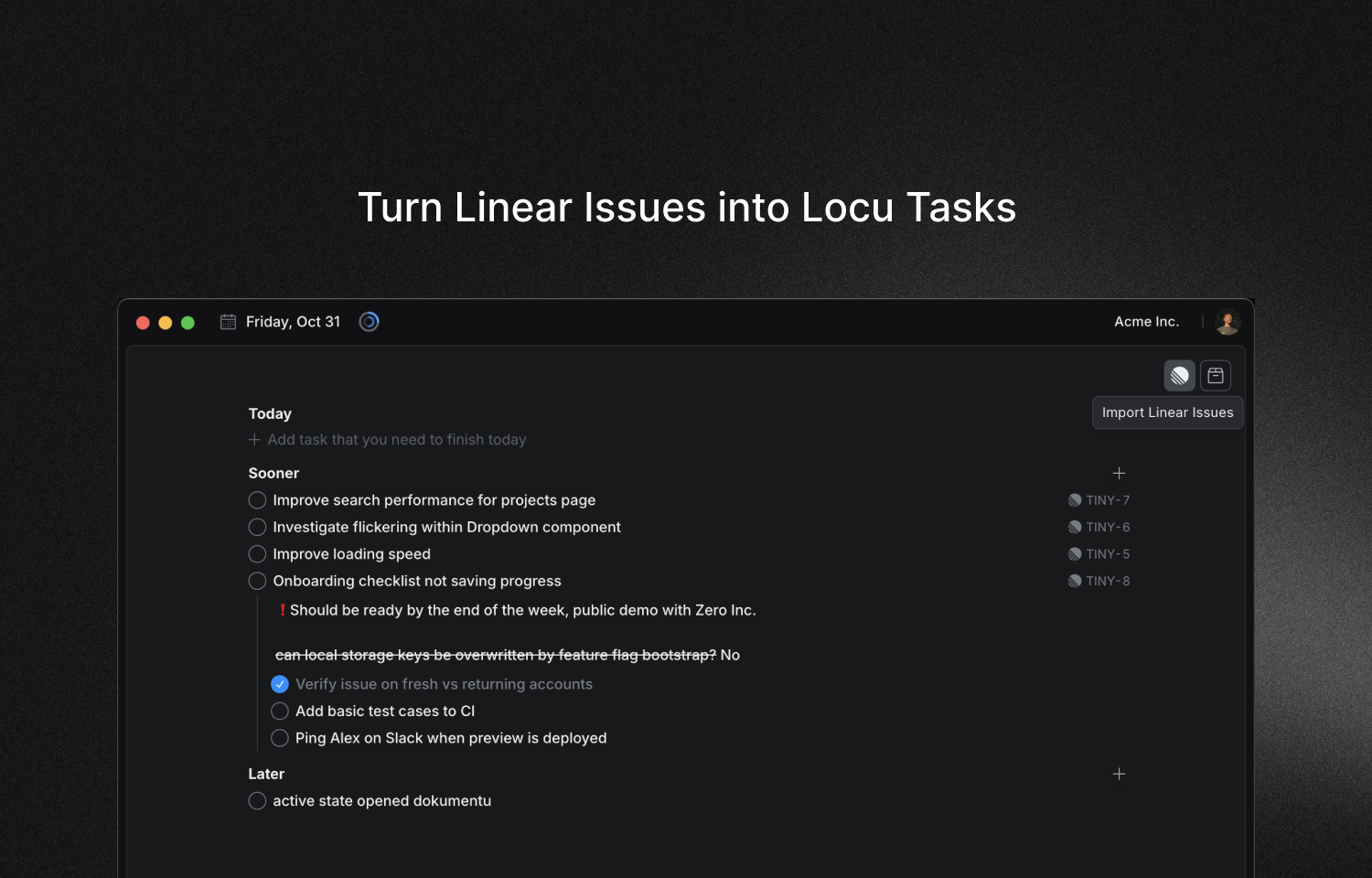 Locu interface to import Linear issues