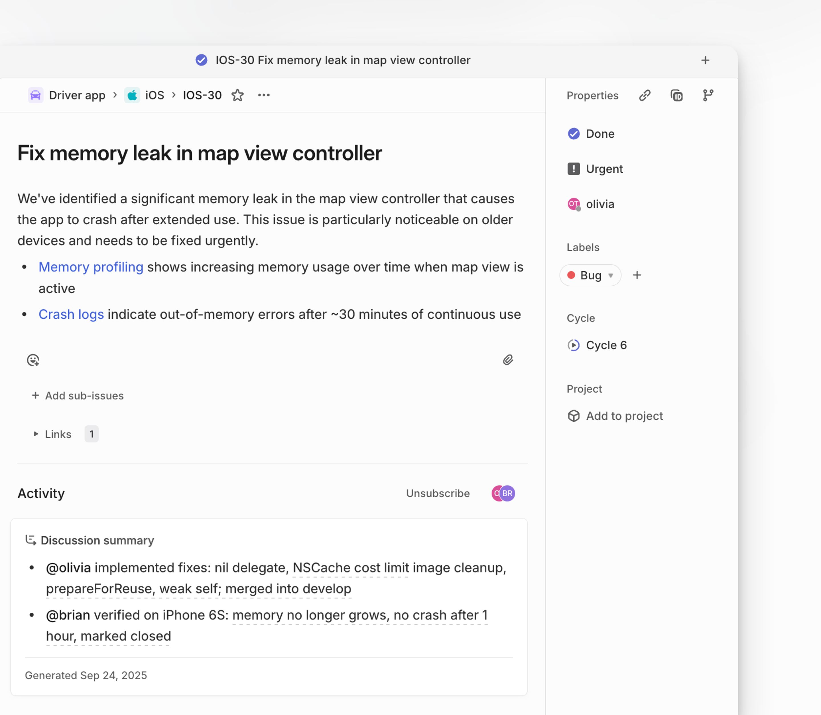 Linear issue view with AI-generated discussion summary in the activity section.