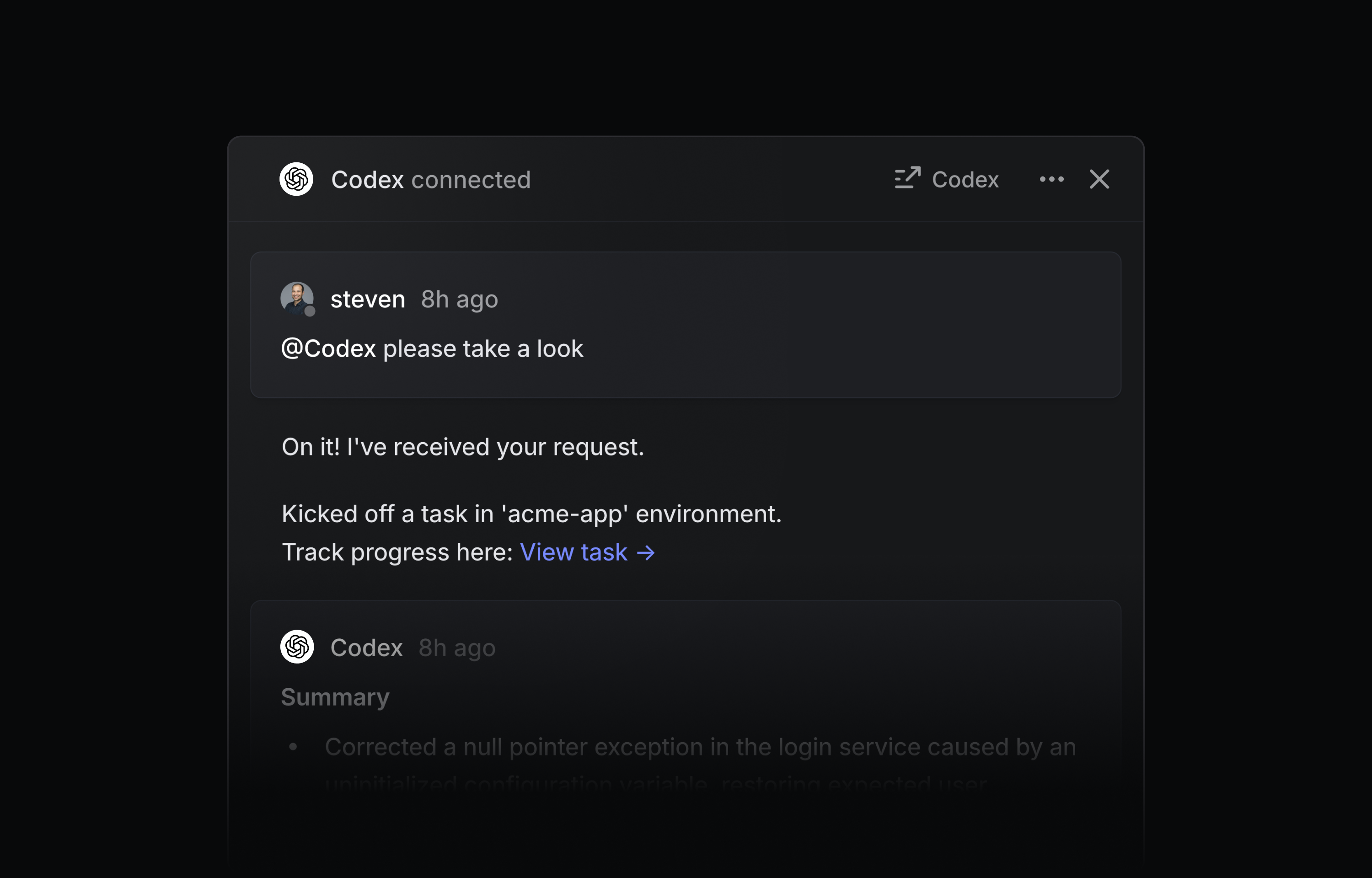 A screenshot of the codex agent in linear