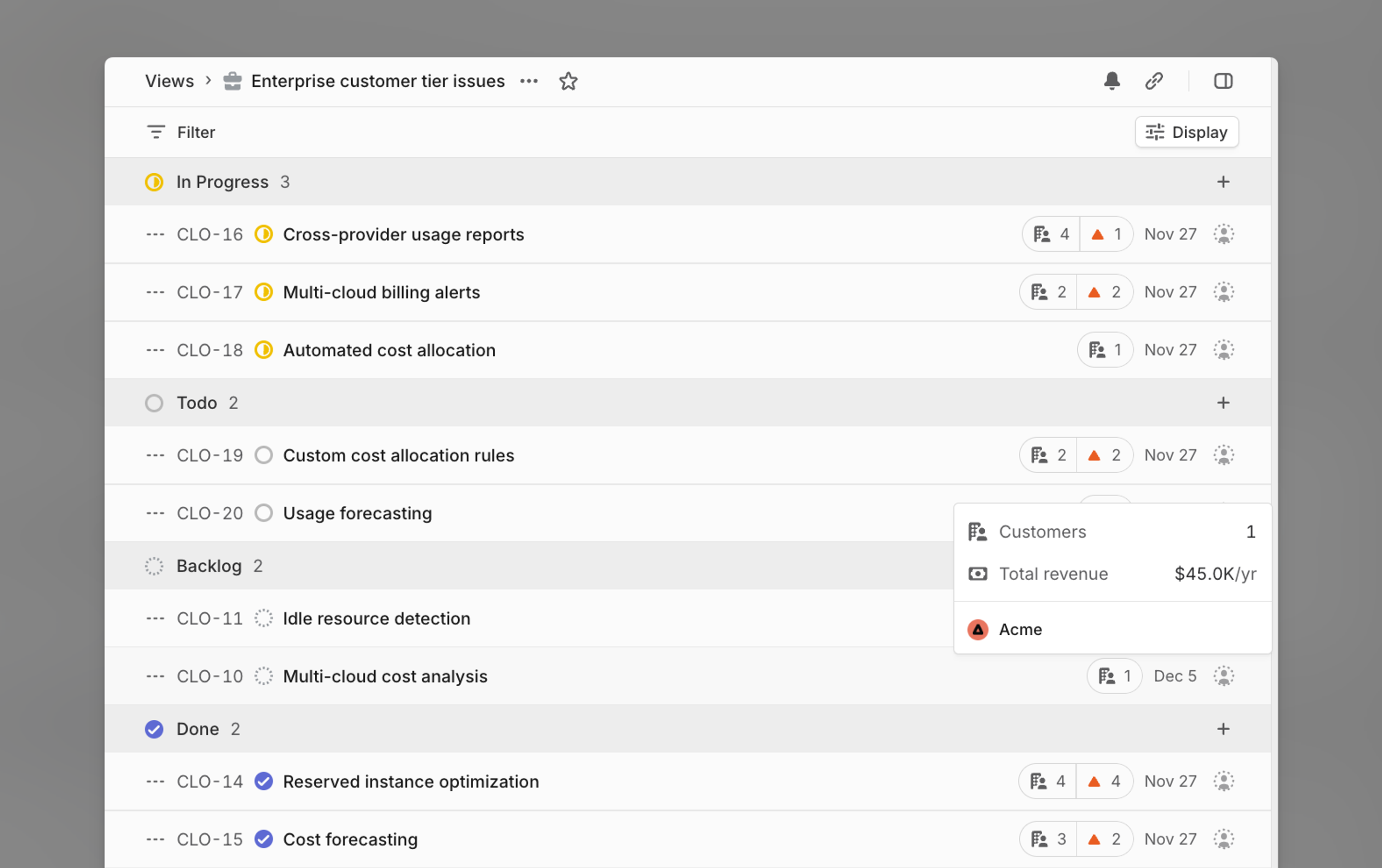 shows enterprise tier customer count on issues