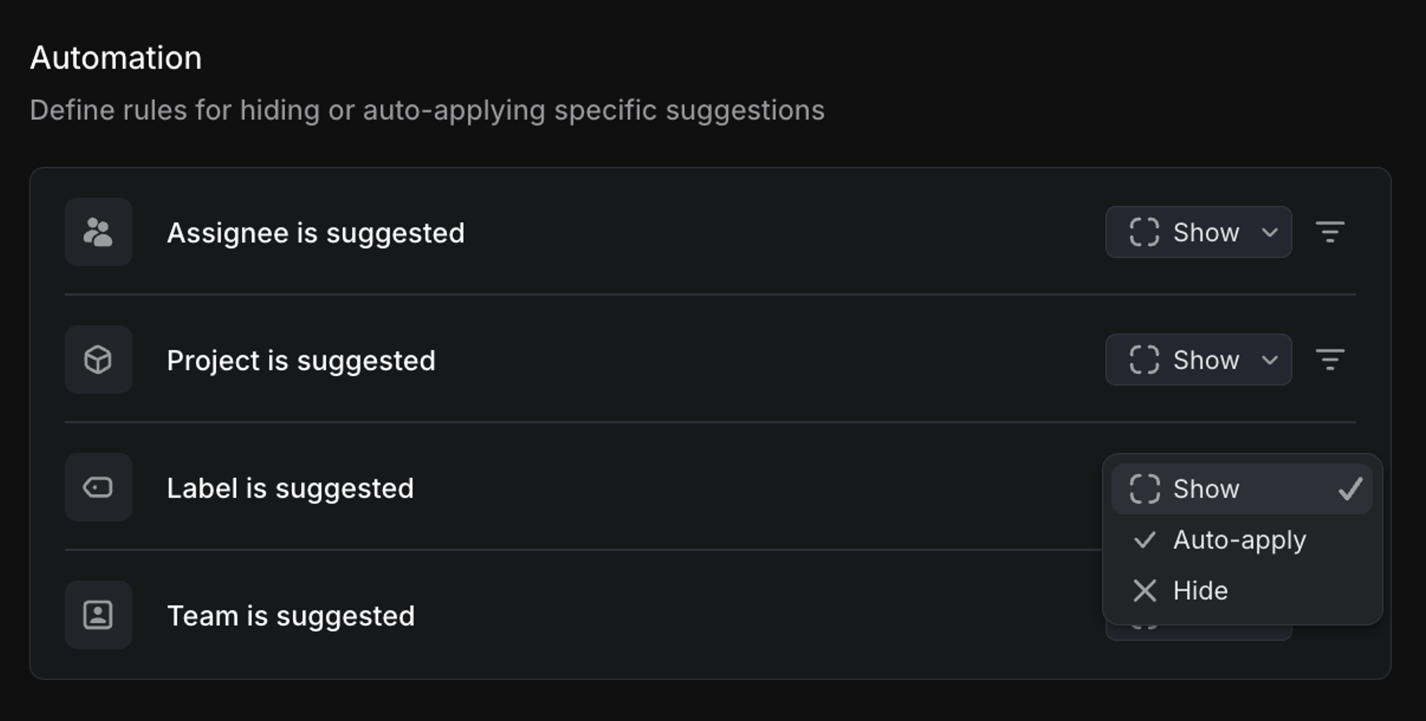Image displays show, auto-apply, and hide options in team settings for product intelligence
