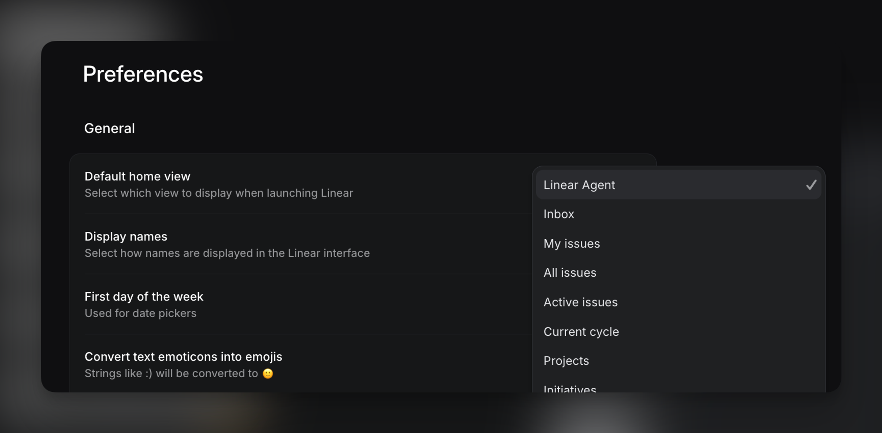 Update your Default home view preference from Linear Agent.