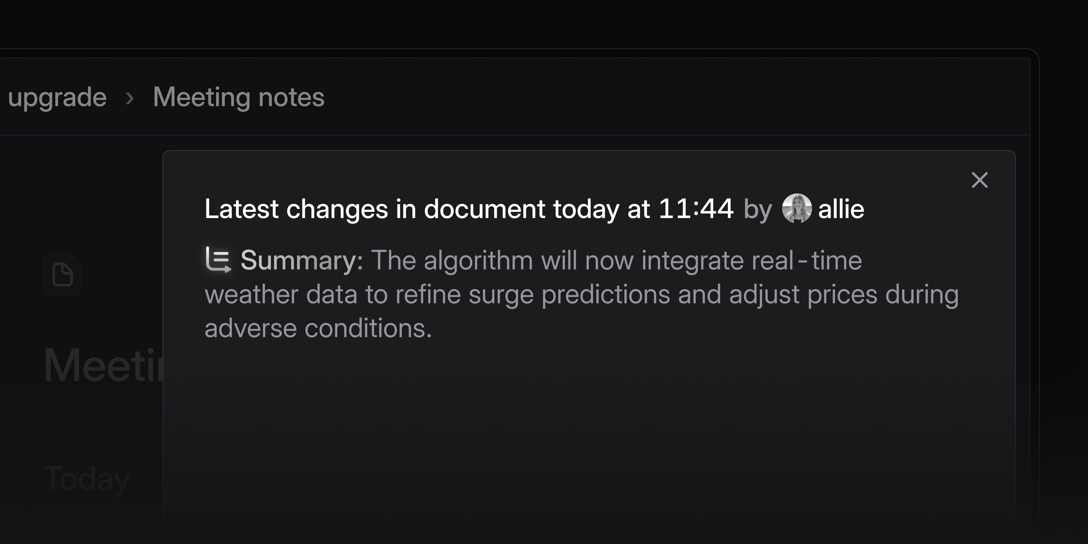 Inbox notification showing a summary of document changes generated by AI
