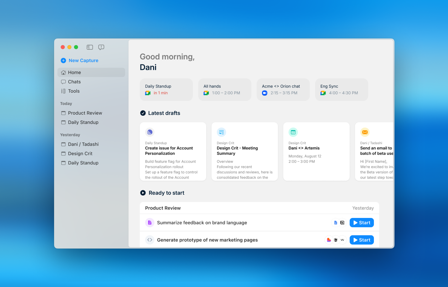 See meetings, tasks, and follow-ups all in one home view