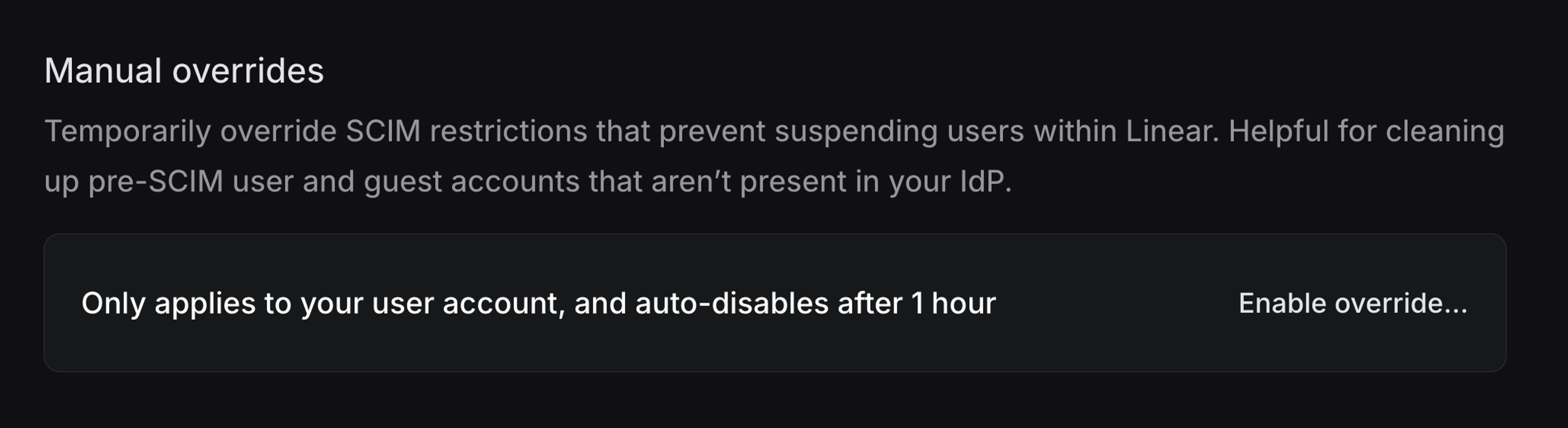 SCIM Manual overrides button with "Enable override" option