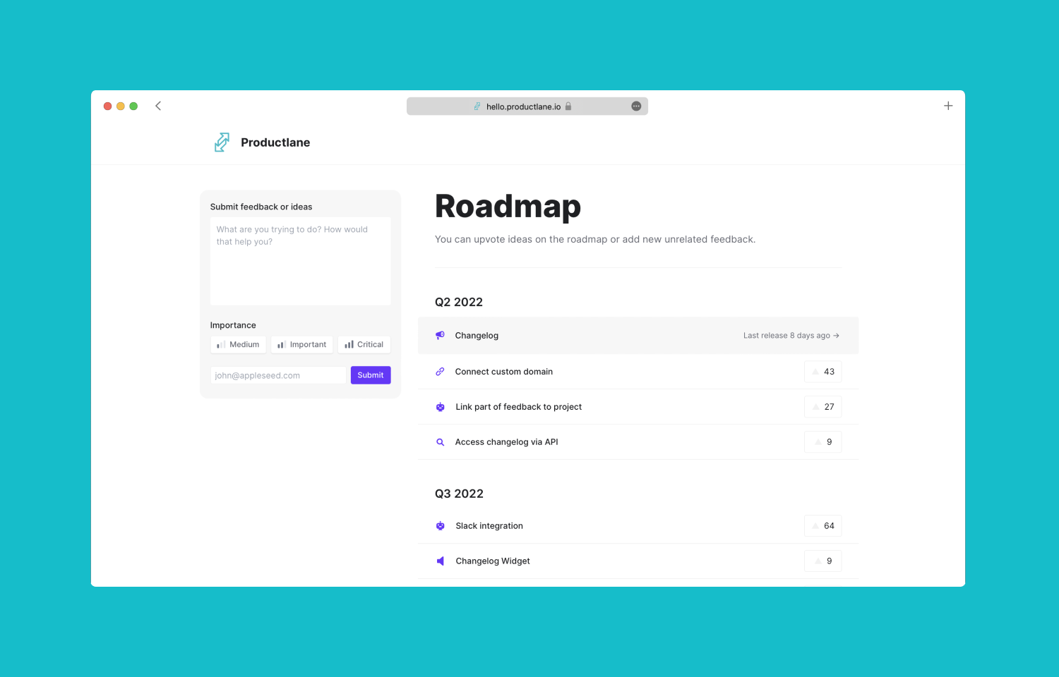 Productlane's public Roadmap with items under Q2 2022 and Q3 2022.