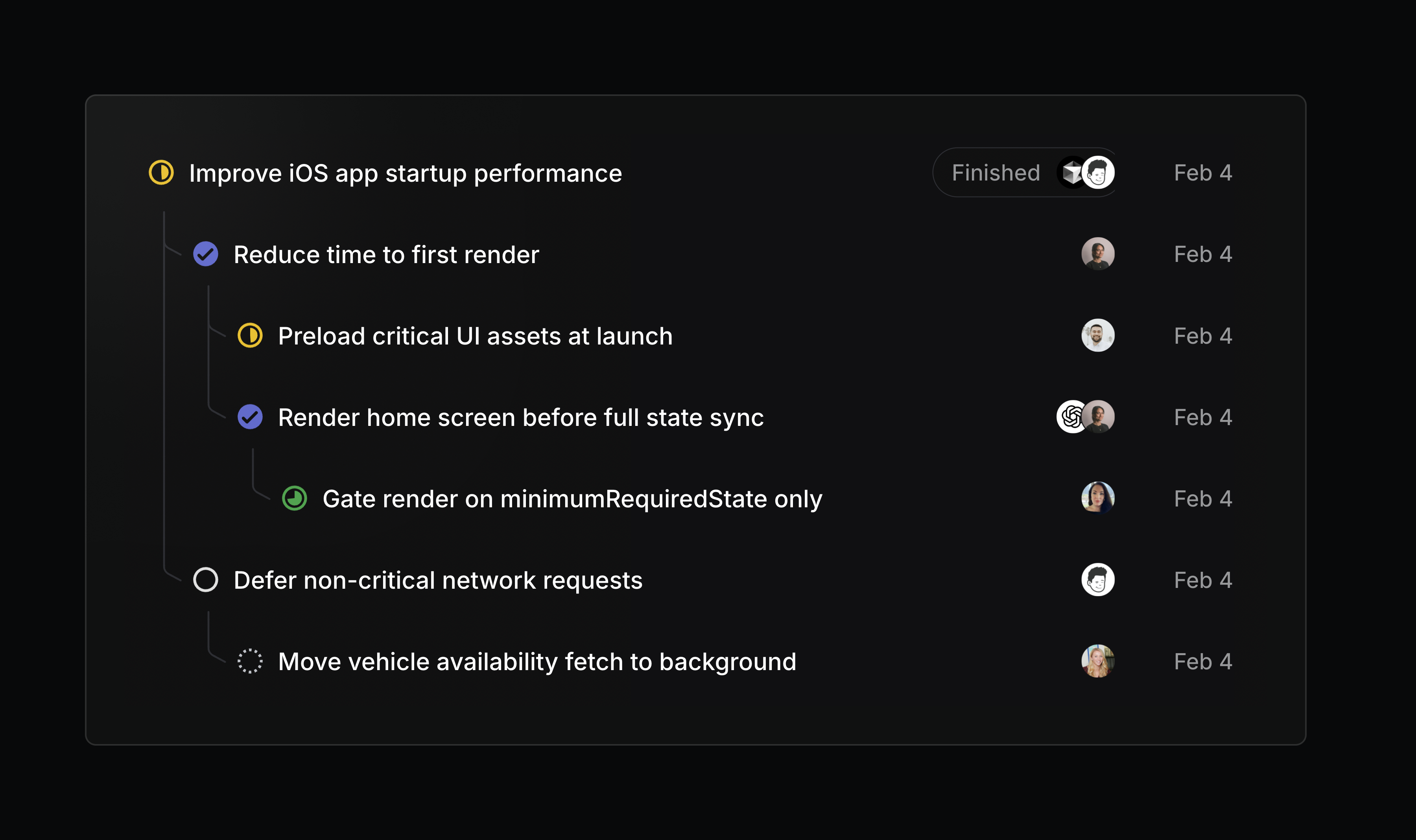 A nested list of issues in Linear showing progress on improving iOS app startup performance, with statuses, assignees, and completion dates.