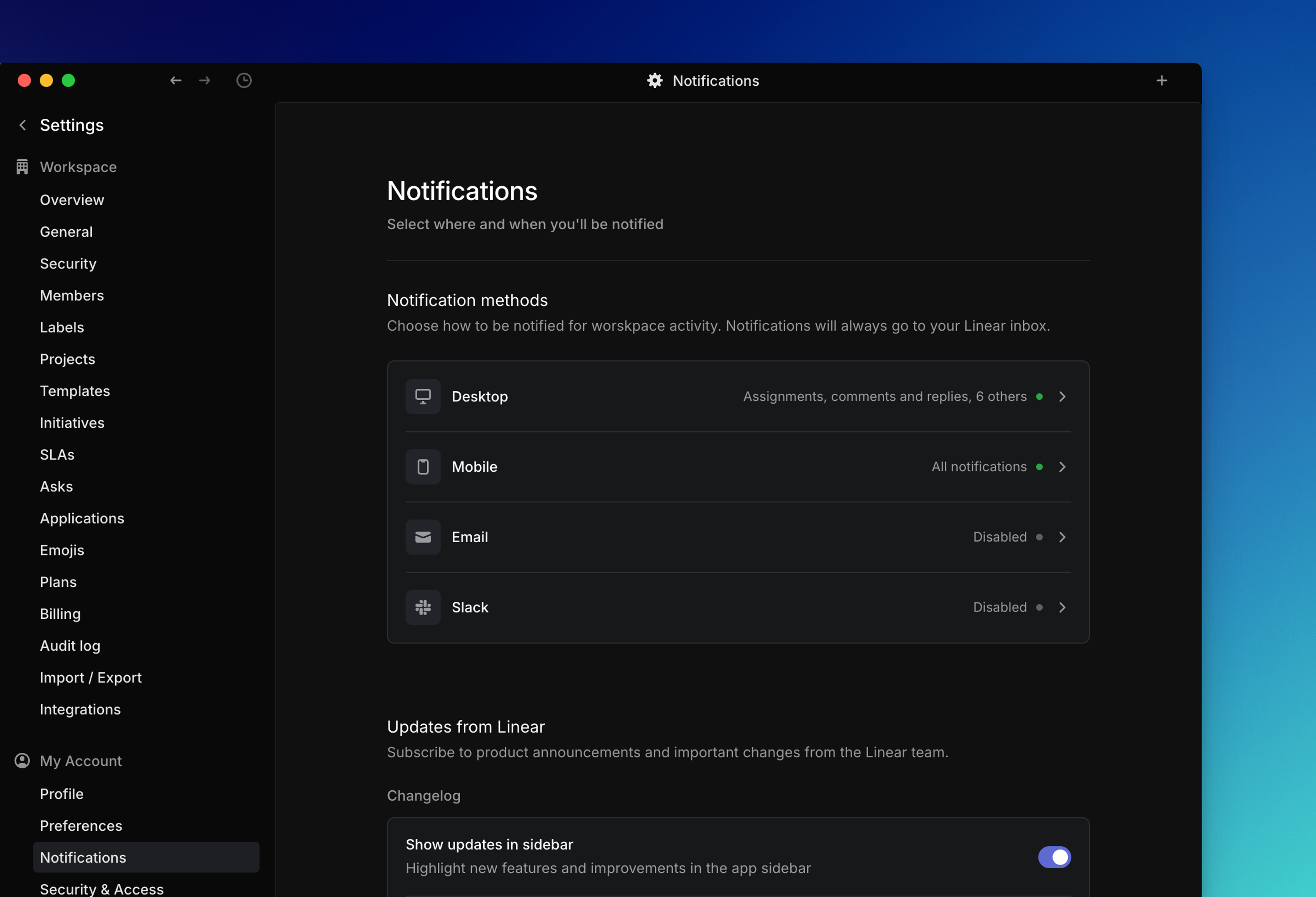 Linear app settings page showing notification settings