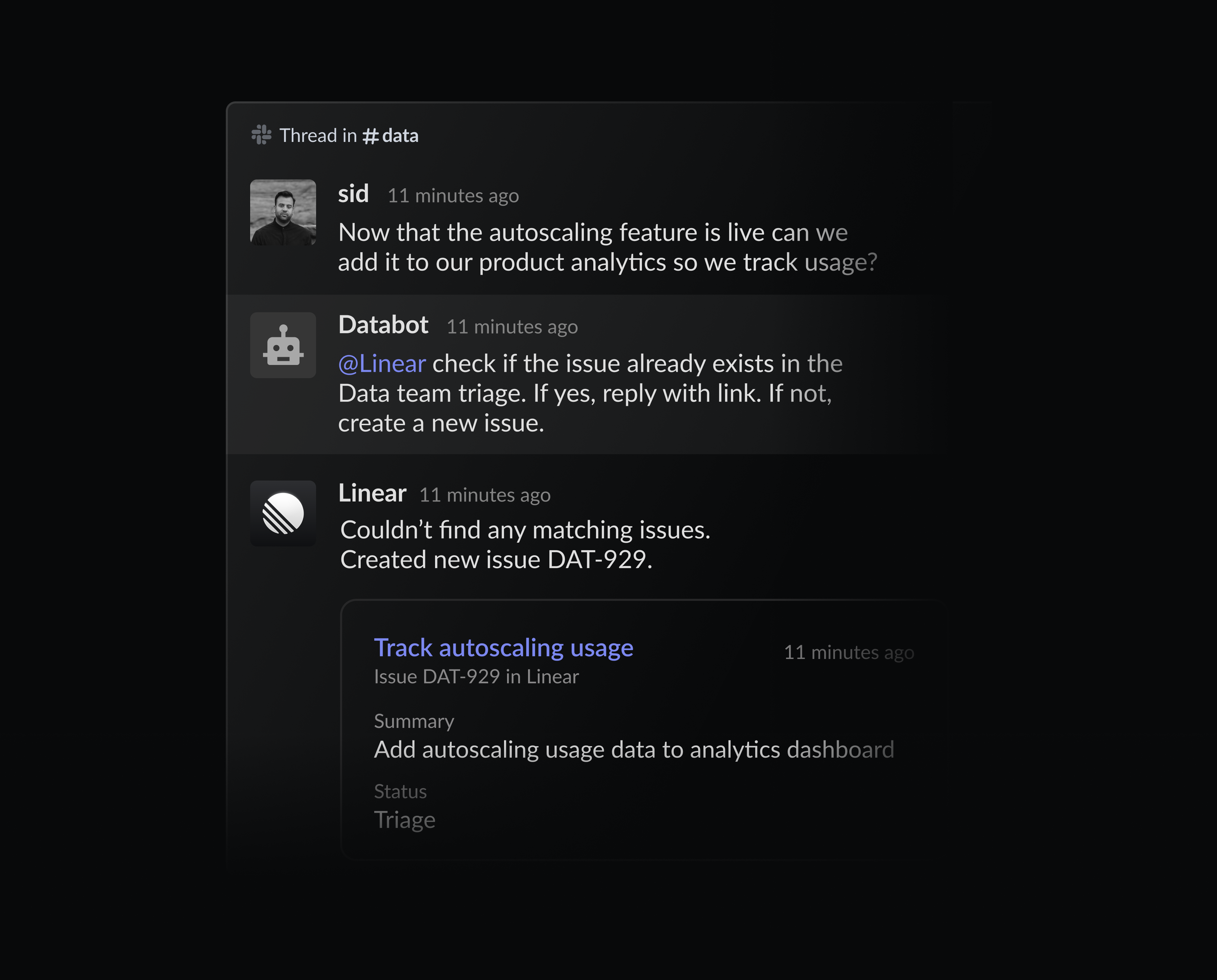A slack workflow that shows the Customer Onboarding bot will invoke the Linear agent to create an issue for customer onboarding and assign it to the customer experience team whenever a message posted in #cusotomers contains