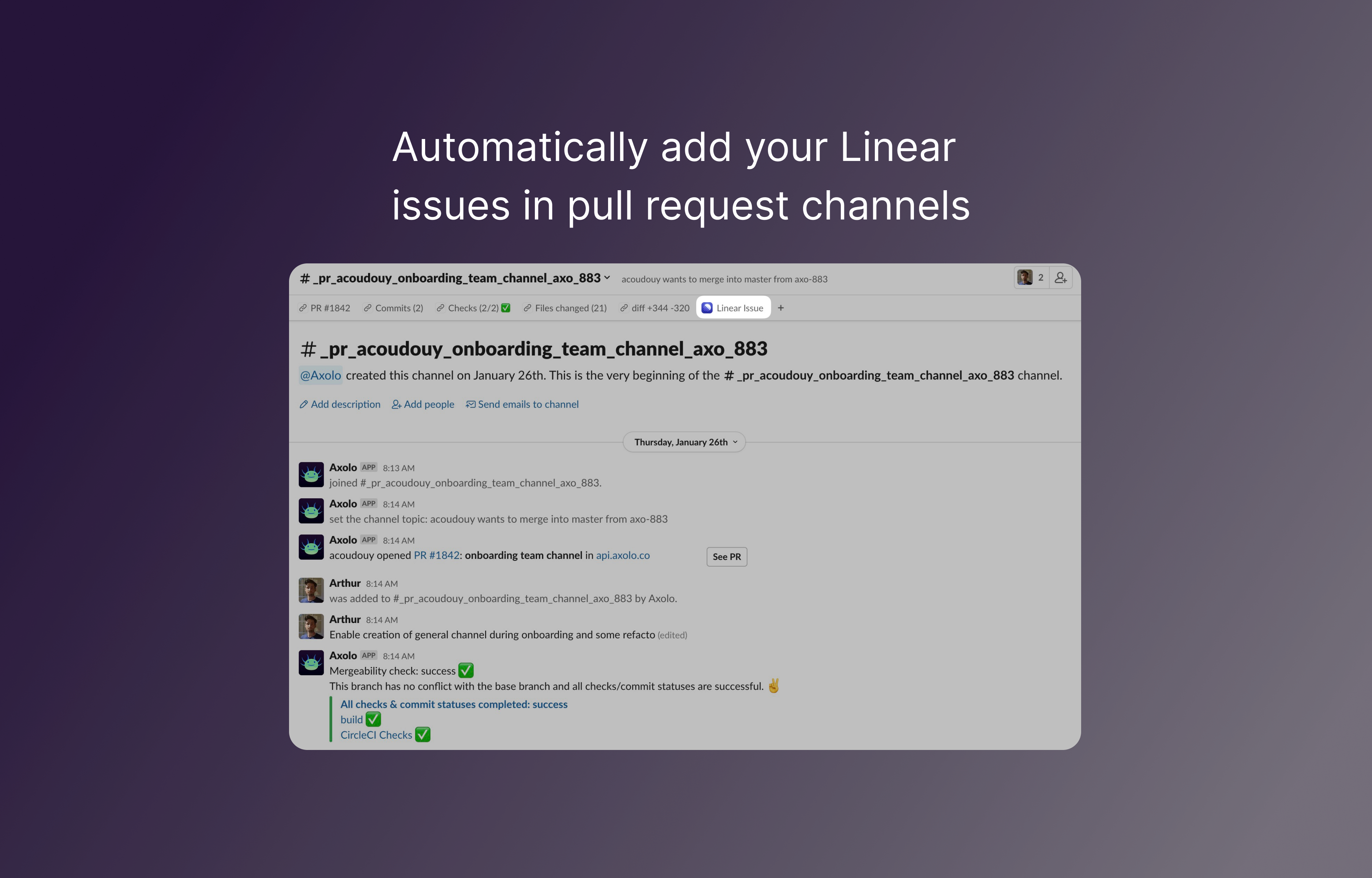 Slack app showing Axolo integration updating channel bookmark with Linear issue