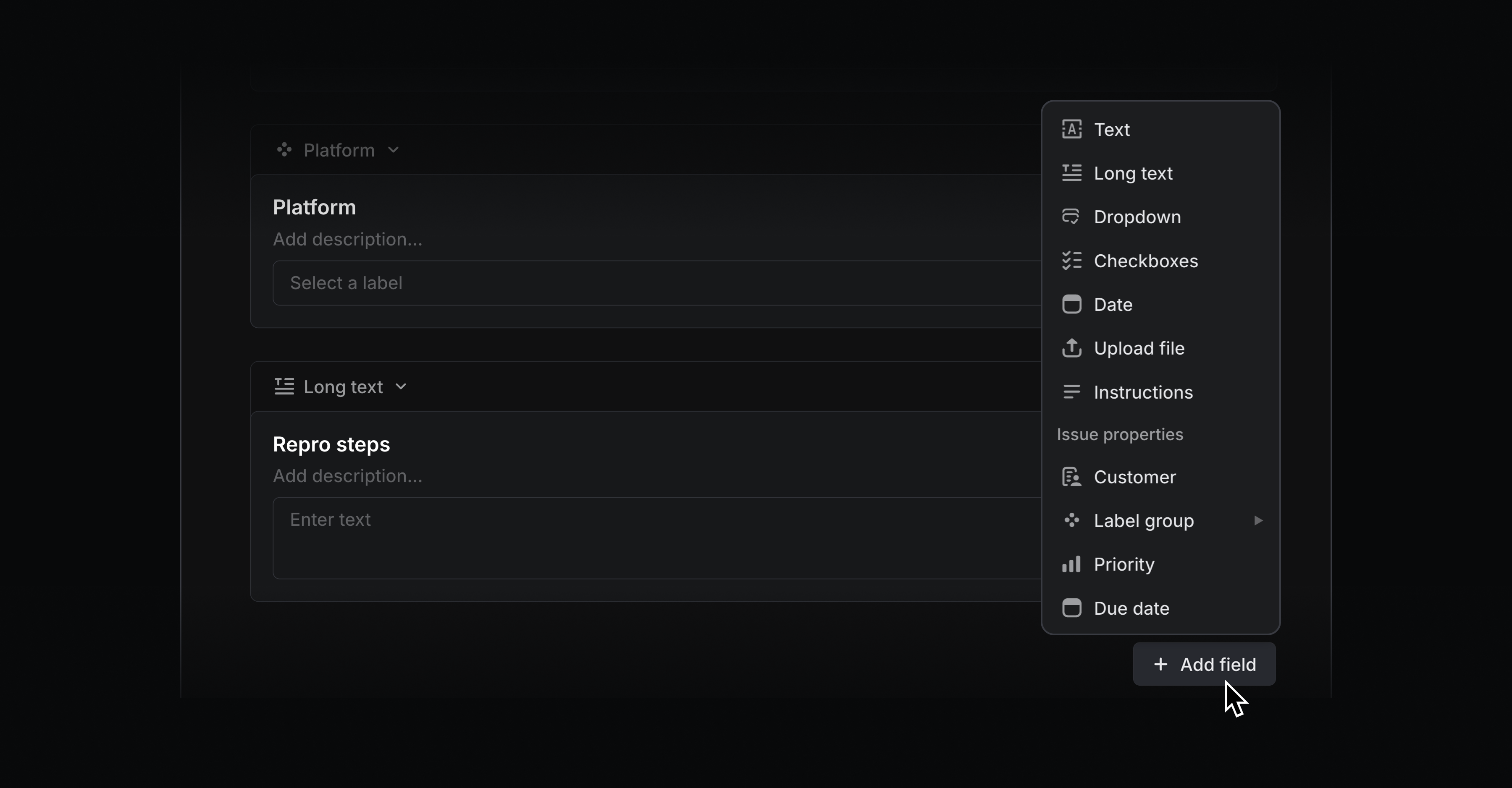 Form builder open showing options for field inputs: Text, long text, dropdown, checkboxes, date, upload file, instructions, customer, label group, priority, due date