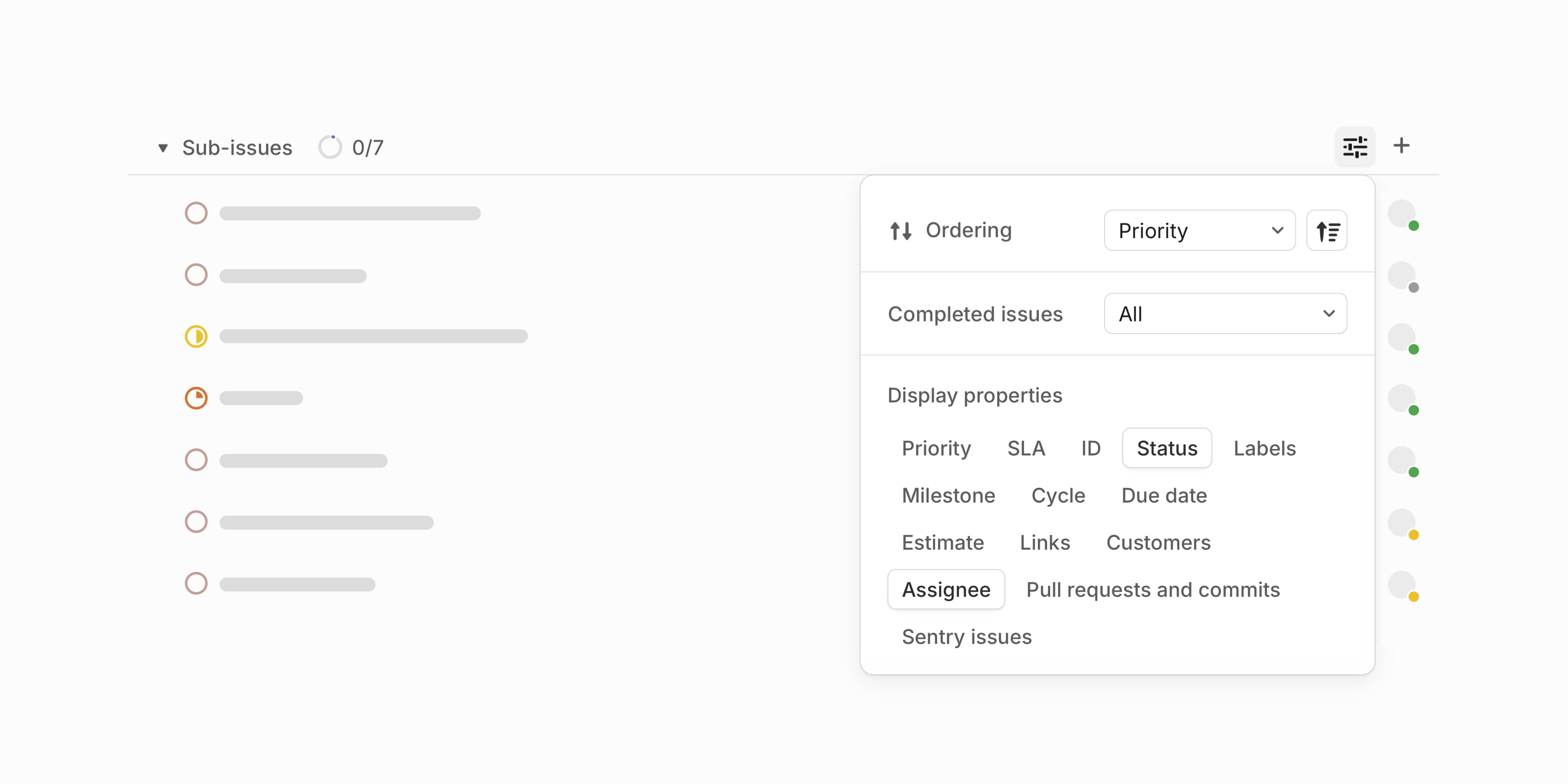 A list of sub-issues showing up on a parent issue view. The display options modal for sub-issues is open. Status and assignee are selected, so only those two properties show up on the list.