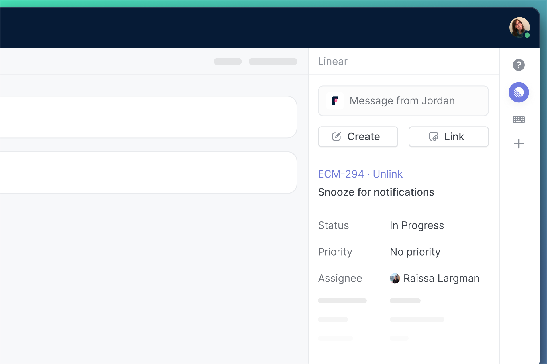 Linear's Front integration showing the status of an issue linked to a Front conversation.