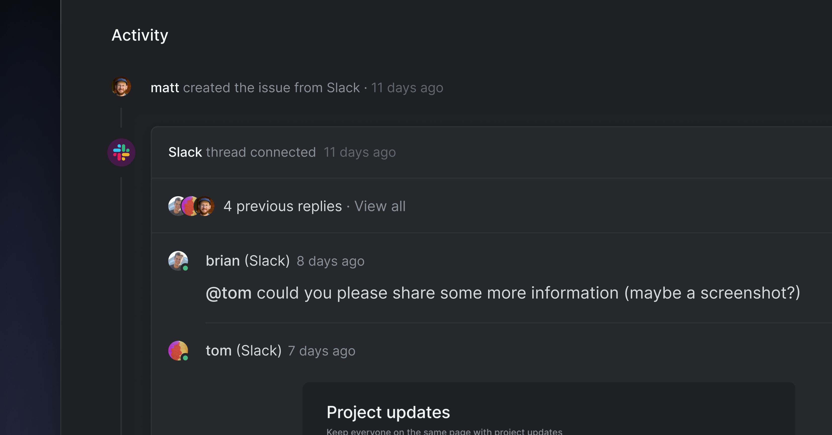 Comment thread in a Linear issue showing a synced thread from Slack